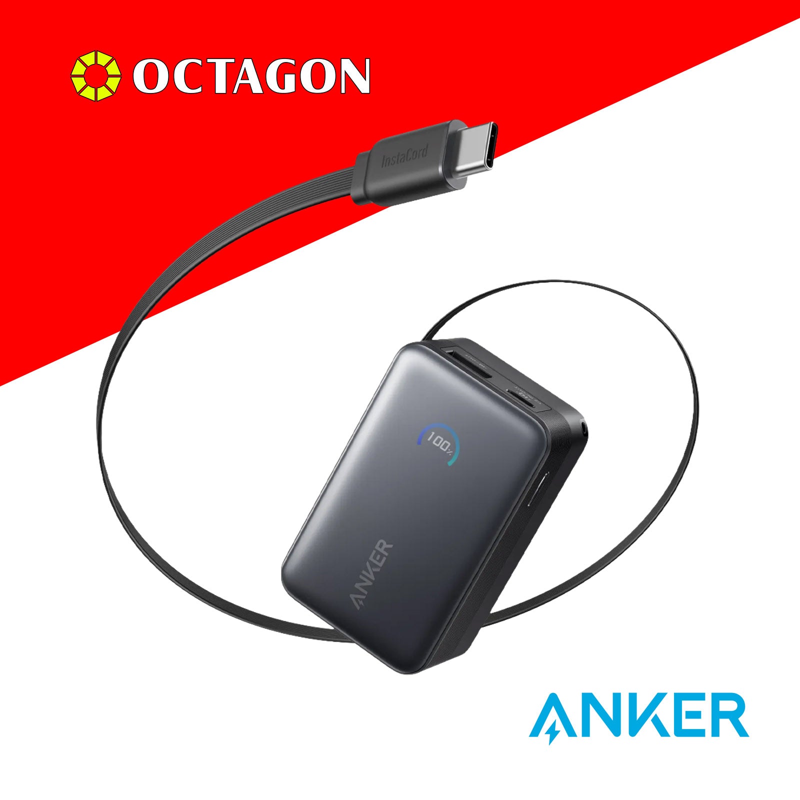 ANKER A1638H11 NANO BLACK POWERBANK 10000MAH 45W BUILT-IN RETRACTABLE USB-C CABLE