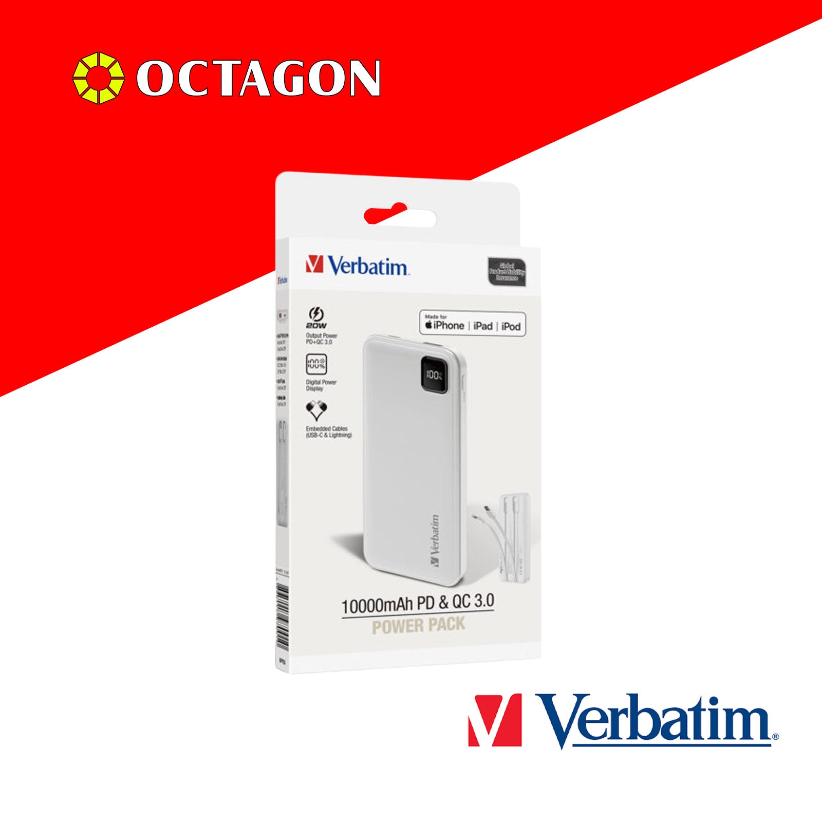 VERBATIM 67001 WHITE CHARGENGO 10K MAH 22.5W POWERBANK W/ BUILT-IN LIGHTNING & TYPE-C CABLE + DIGITAL DISPLAY PD20W / QC3.0 18W / SUPERCHARGE 22.5W