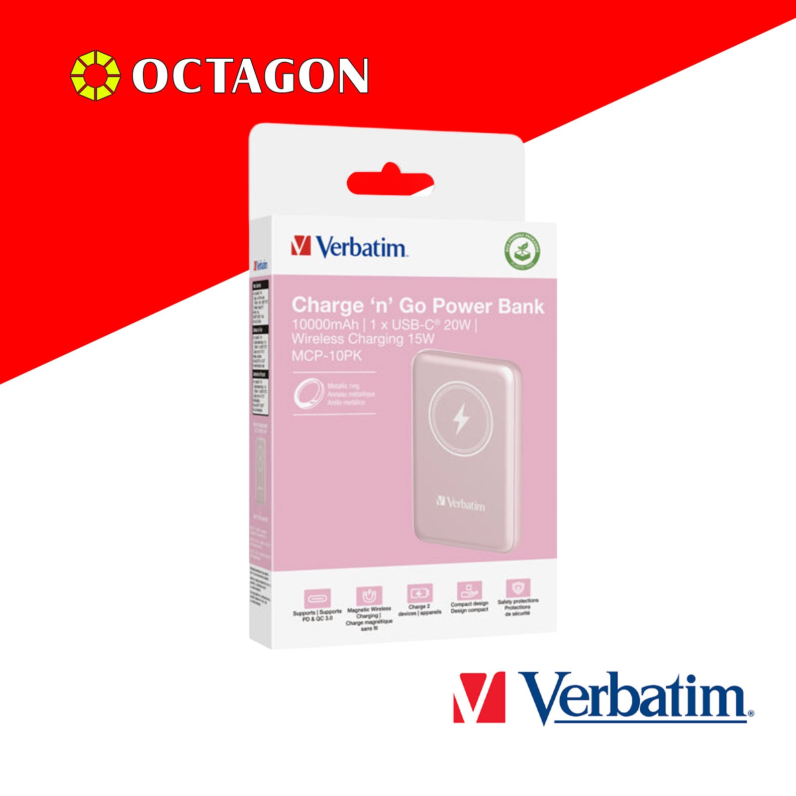 VERBATIM 32248 MAGNETIC WL 10000 MAH POWER PACK MCP - PD 20W MWC 15W PINK
