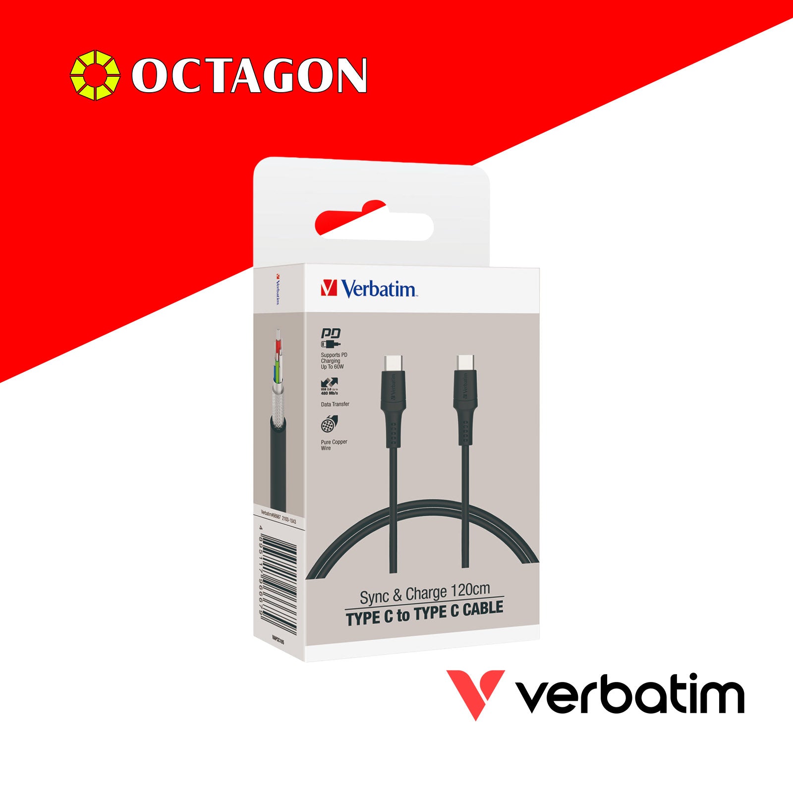 VERBATIM 66667 SYNC & CHARGE TYPE-C TO TYPE-C CABLE (PD60W & 480MBPS) 120CM (BLACK)
