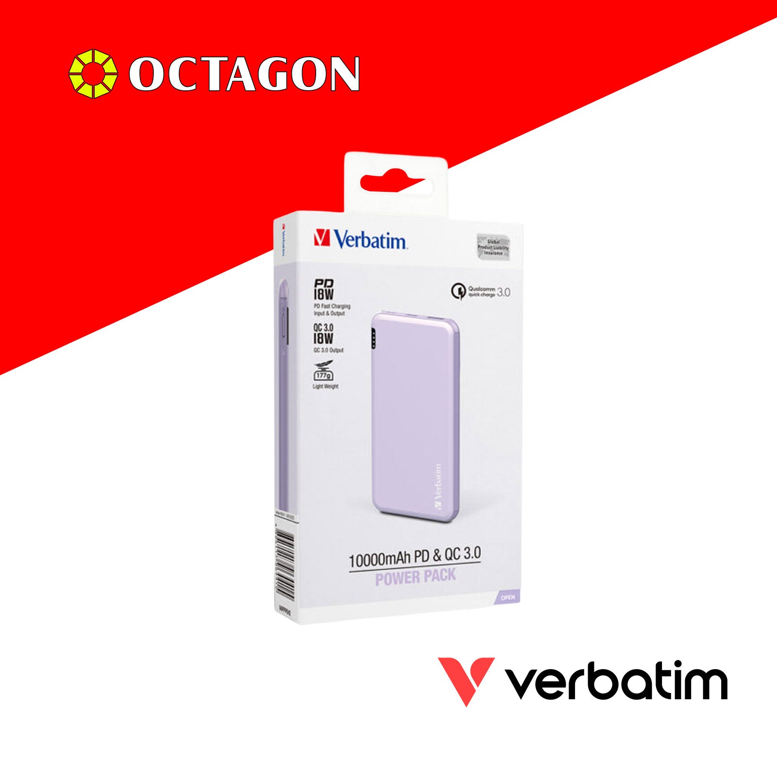 VERBATIM 66441 10000MAH LIGHTWEIGHT POWER PACK PD 18W + QC 3.0 18W (PURPLE)