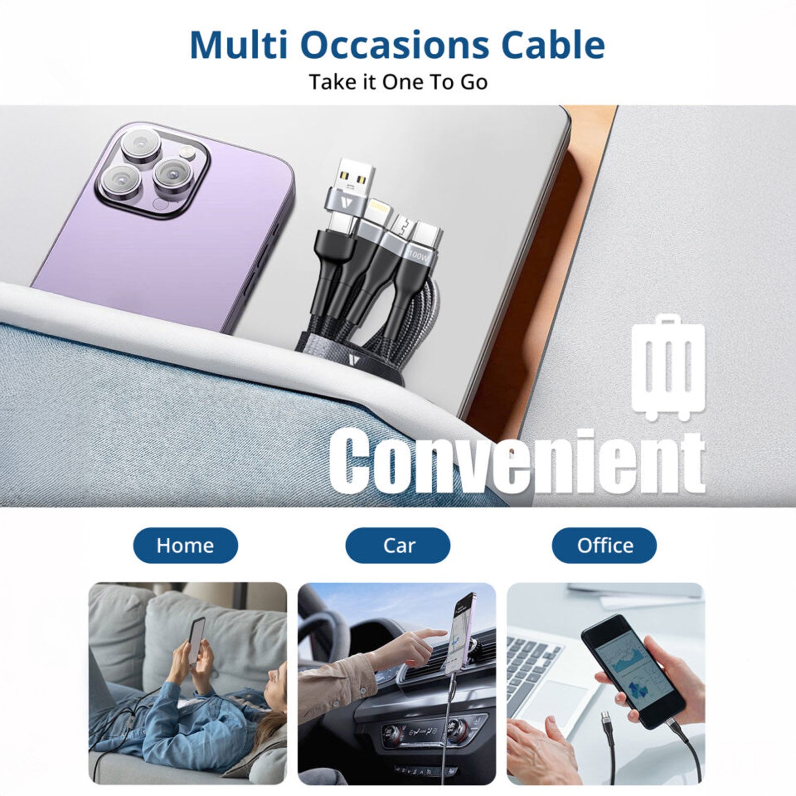 SUPERV RT52 BLACK (5 IN 1) CABLE 1.2M (OUTPUT USBC 100W/ LIGHTNING 27W/ MICRO USB 12W/ INPUT USBA AND USBC)