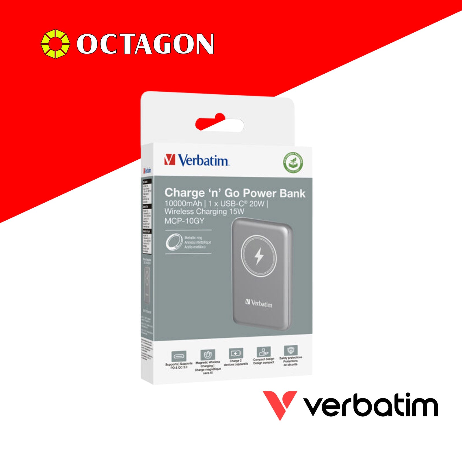 VERBATIM 32249 MAGNETIC WL 10000 MAH POWER PACK MCP - PD 20W MWC 15W GRAY