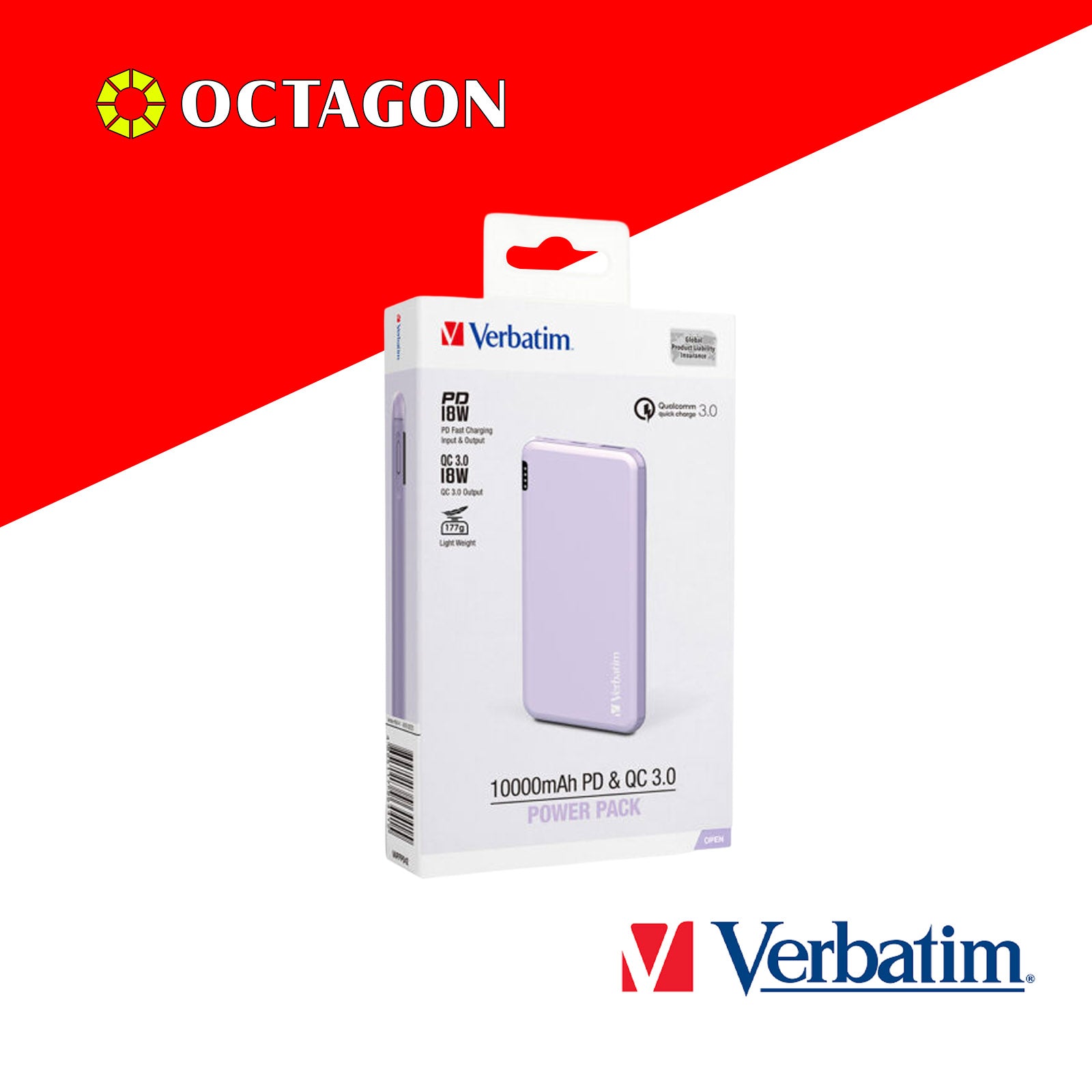VERBATIM 66441 10000MAH LIGHTWEIGHT POWER PACK PD 18W + QC 3.0 18W (PURPLE)