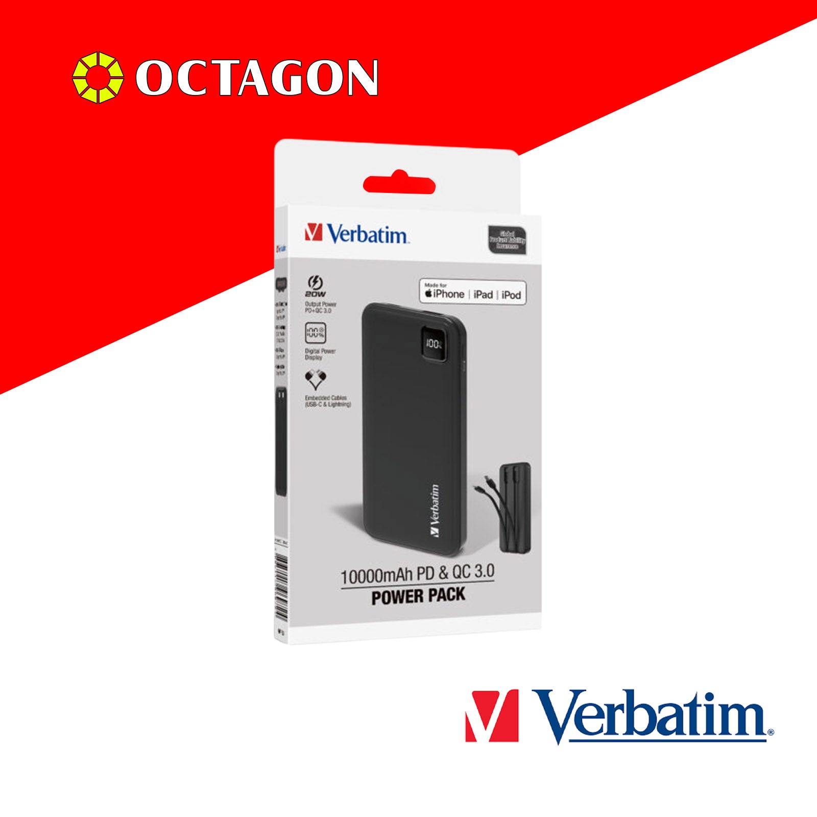 VERBATIM 66972 BLACK CHARGENGO 10K MAH 22.5W POWERBANK W/ BUILT-IN LIGHTNING & TYPE-C CABLE + DIGITAL DISPLAY PD20W / QC3.0 18W / SUPERCHARGE 22.5W