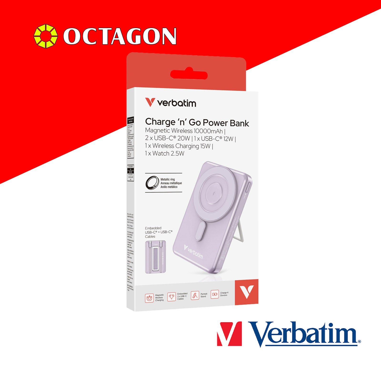VERBATIM CHARGE N GO 10000MAH 5IN1 MAGNETIC WIRELESS CHARGER W/ STAND PD20W MWC15W TYPE 2 X2 VERSION CABLE (32254 GREY)(32271TITANIUM)(32270PURPLE)