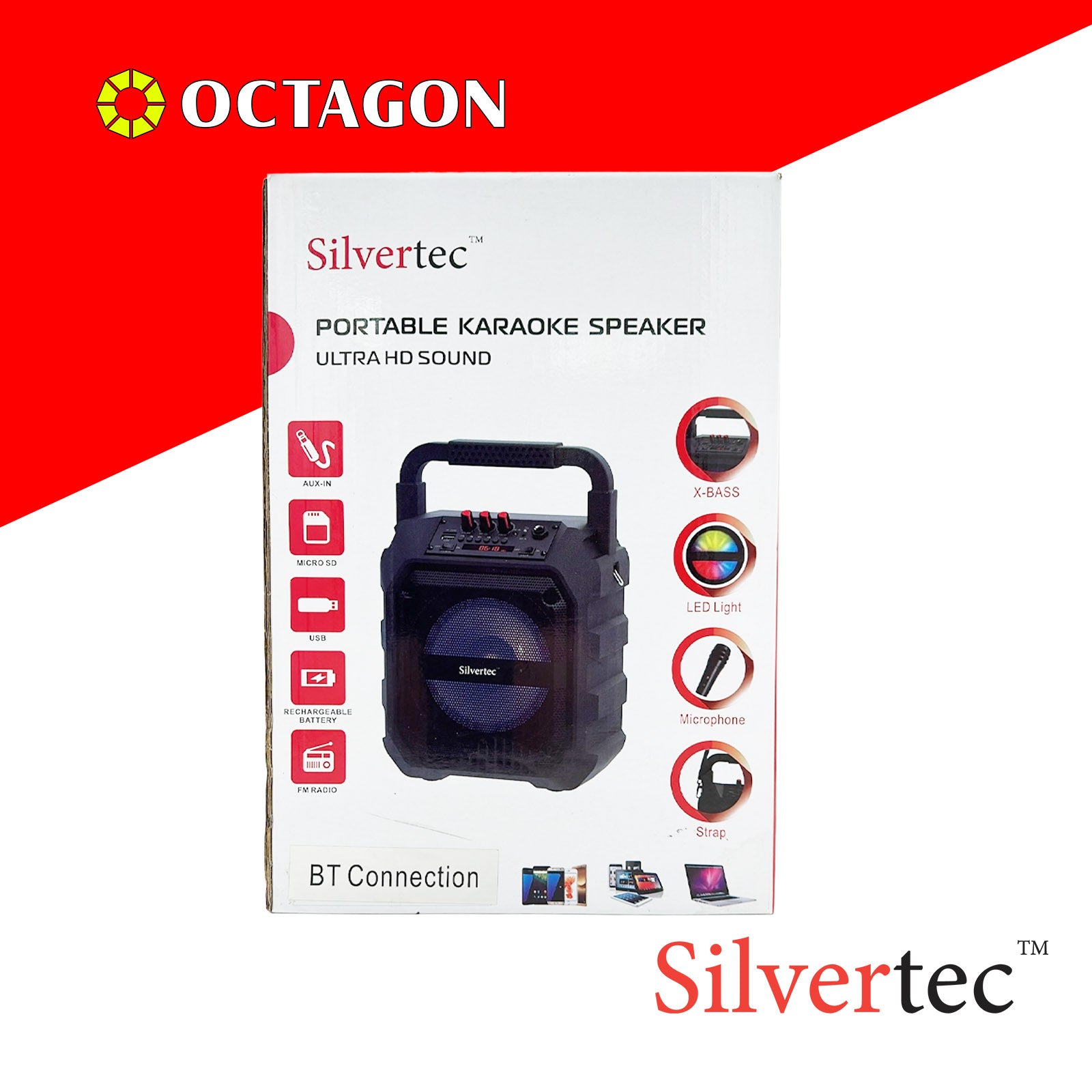 SILVERTEC SPBT-10148 USB/TF/AUX/FM/20W PORTABLE RGB KARAOKE BT SPEAKER W/ HANDLE & WIRED MICROPHONE & STRAP 7.4V/1800MAH