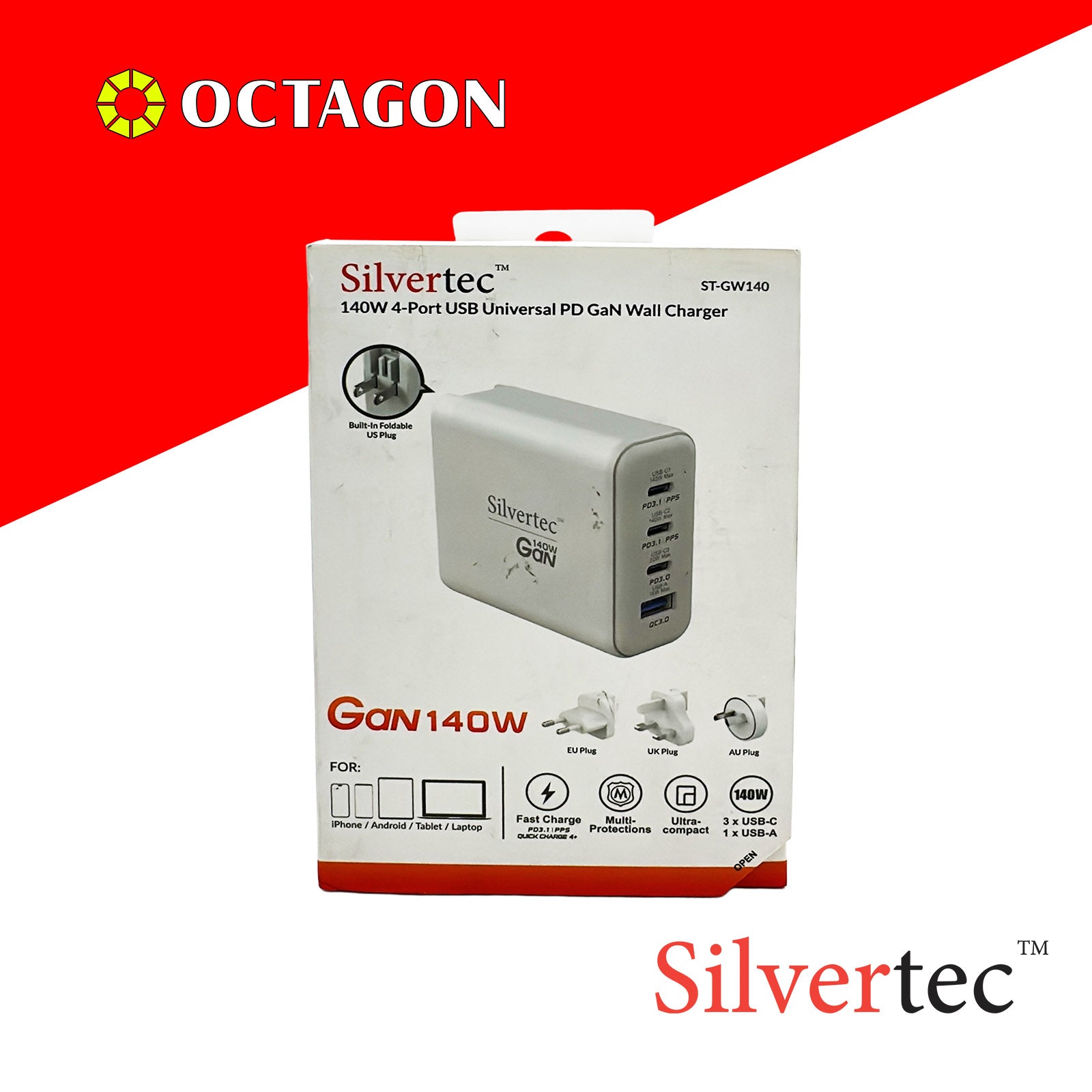 SILVERTEC ST-GW140-WH 140W 4-PORT USB UNIVERSAL PD GAN WALL CHARGER WHITE (3 PD / 1 QC)