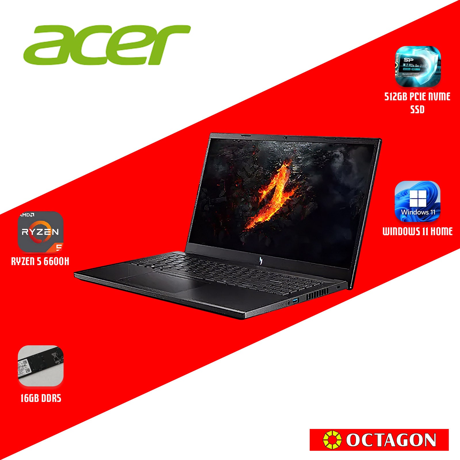 ACER NITRO V ANV15-41-R9D6/ RYZEN 5 6600H/ 16GB DDR5/ 512GB SSD/ 15.6 FHD IPS 165HZ/ WIN 11/ RTX4050 6GB/ OFFICE HOME 2024 + OFFICE 365 1YR/ BLK