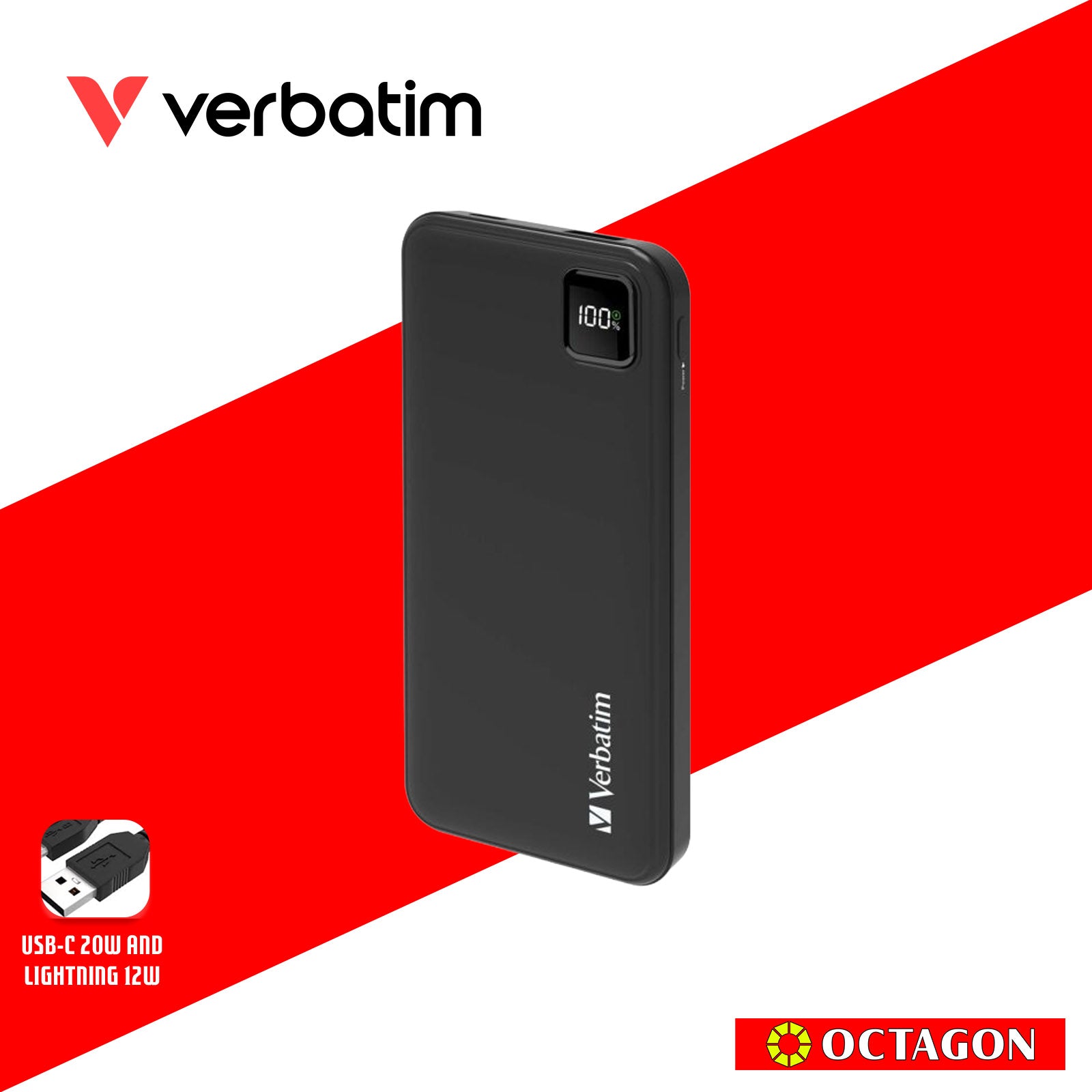 VERBATIM 66972 BLACK CHARGENGO 10K MAH 22.5W POWERBANK W/ BUILT-IN LIGHTNING & TYPE-C CABLE + DIGITAL DISPLAY PD20W / QC3.0 18W / SUPERCHARGE 22.5W