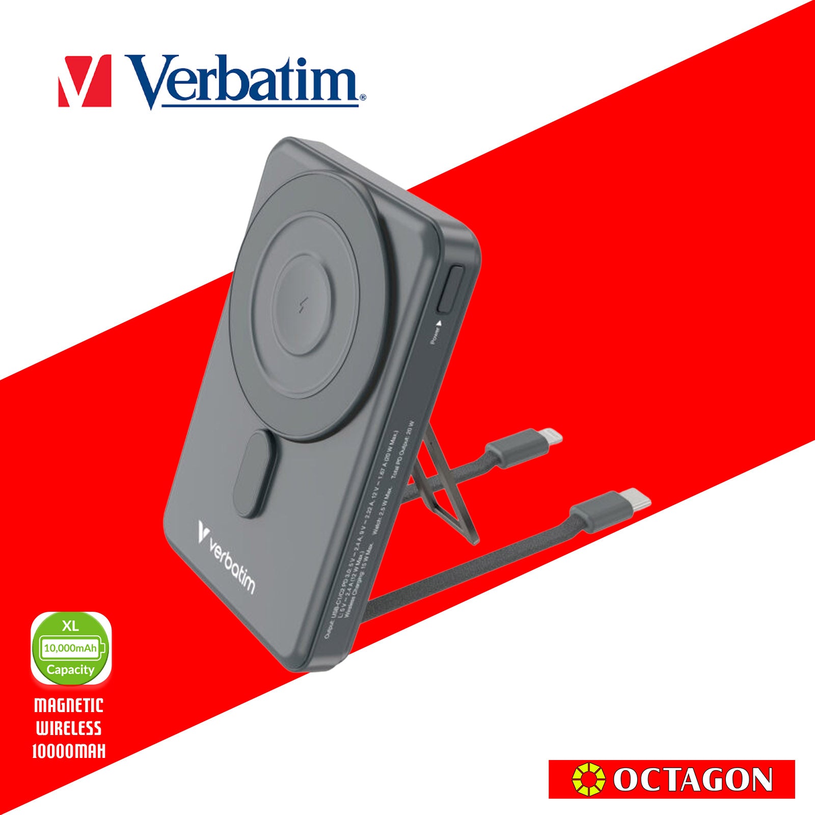 VERBATIM CHARGE N GO 10000MAH 5IN1 MAGNETIC WIRELESS W/ STAND PD 20W MWC 15W TYPE C AND NON-MFI VERSION CABLE (32221  GREY)(32233 TITANIUM)(32222 PURPLE)