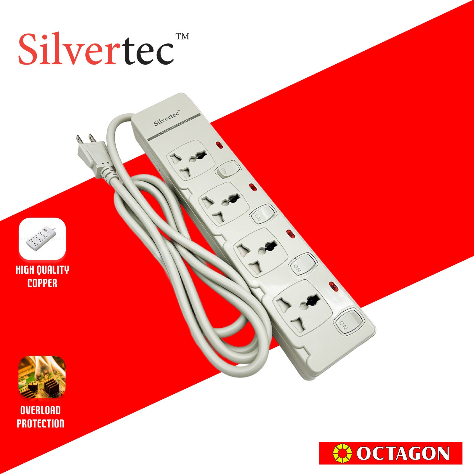 SILVERTEC NEW SV28-1.8M 4-OUTLET UNIVERSAL PLUG/ 4-SWITCH/ 1.8M/ 10A/ 2500W/ 250V IVORY POWER STRIP W/ SURGE PROTECTION