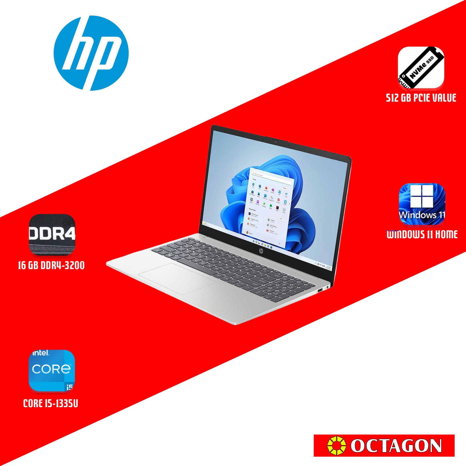 HP 15-FD0516TU/ CORE I5-1335U/ 16GB DDR4 3200/ 512GB SSD/ 15.6" FHD/ WIN 11/ INTEL IRIS XE/ OFFICE HOME 2024 + O365 BASIC/ SILVER