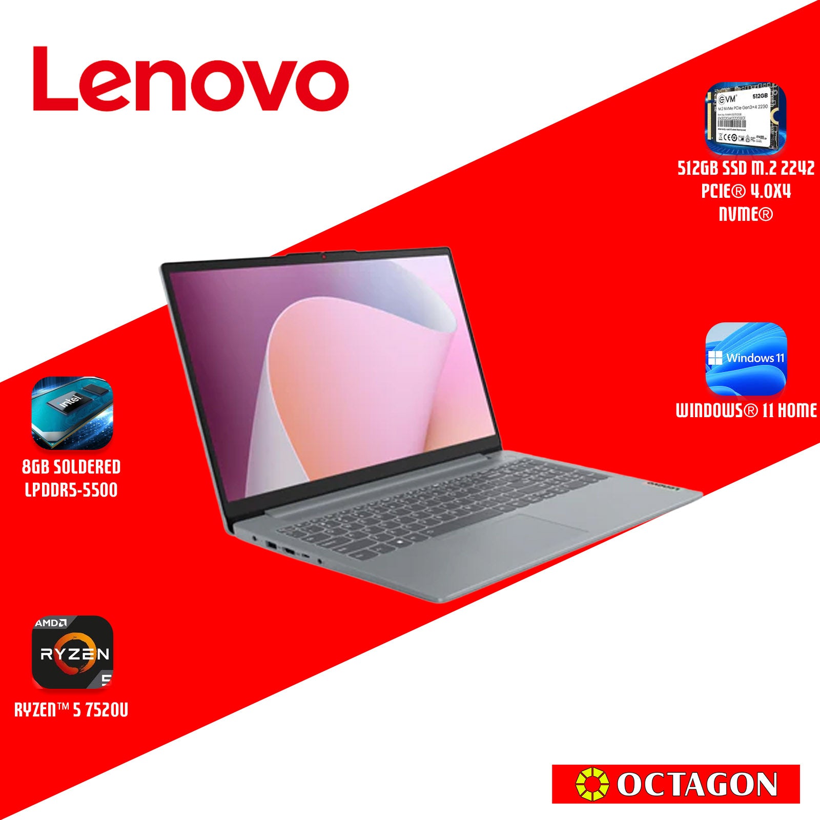 LENOVO IP S3-15 (82XQ00WDPH)/ RYZEN 5 7520U/ 8GB/ 512GB SSD/ 15.6 FHD/ WIN 11/ OFFICE HOME 2024