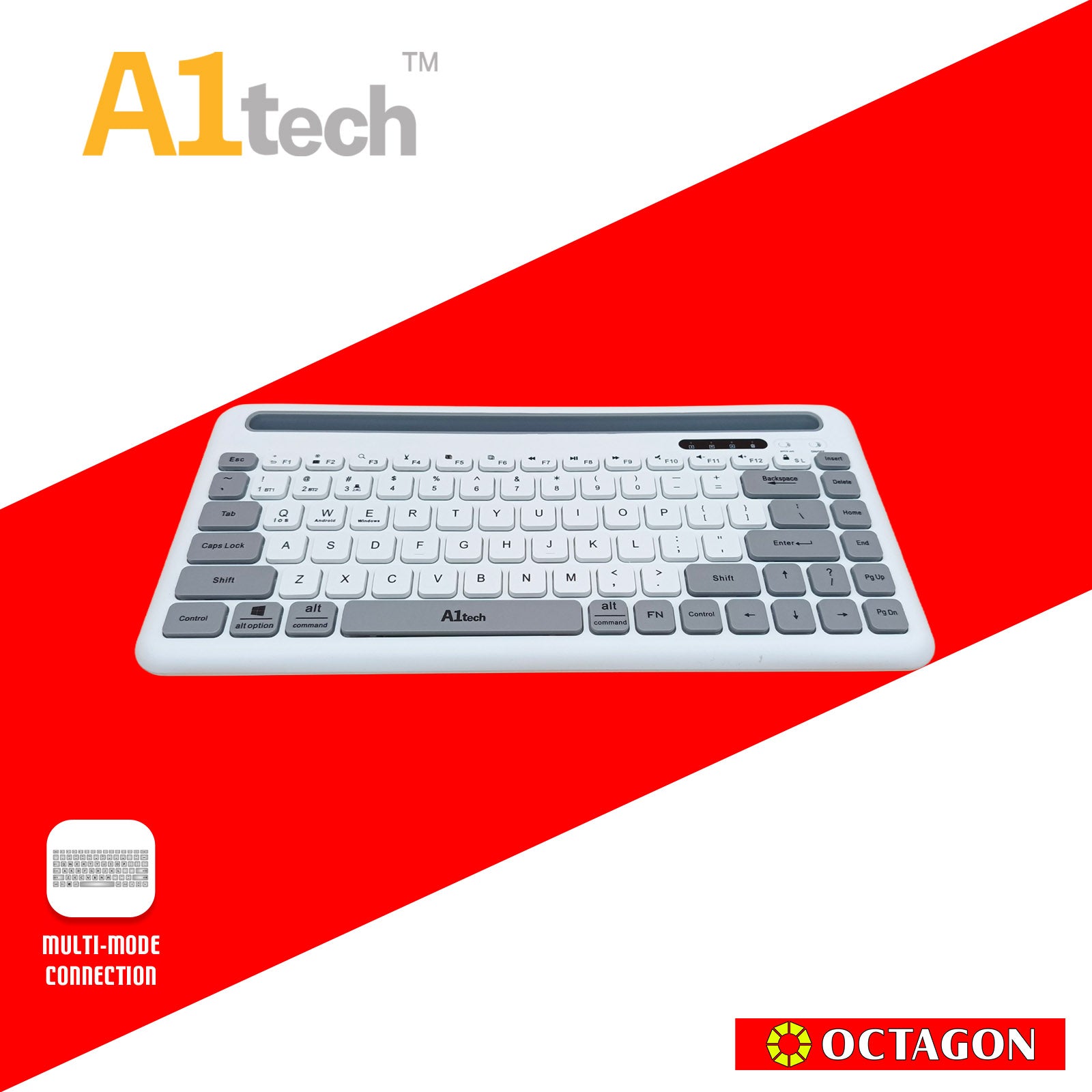 A1TECH AC-KB006-BK DUAL-MODE WIRELESS KEYBOARD 2.4G+BT / 84 KEYS / TABLET HOLDER (BLACK/WHITE)