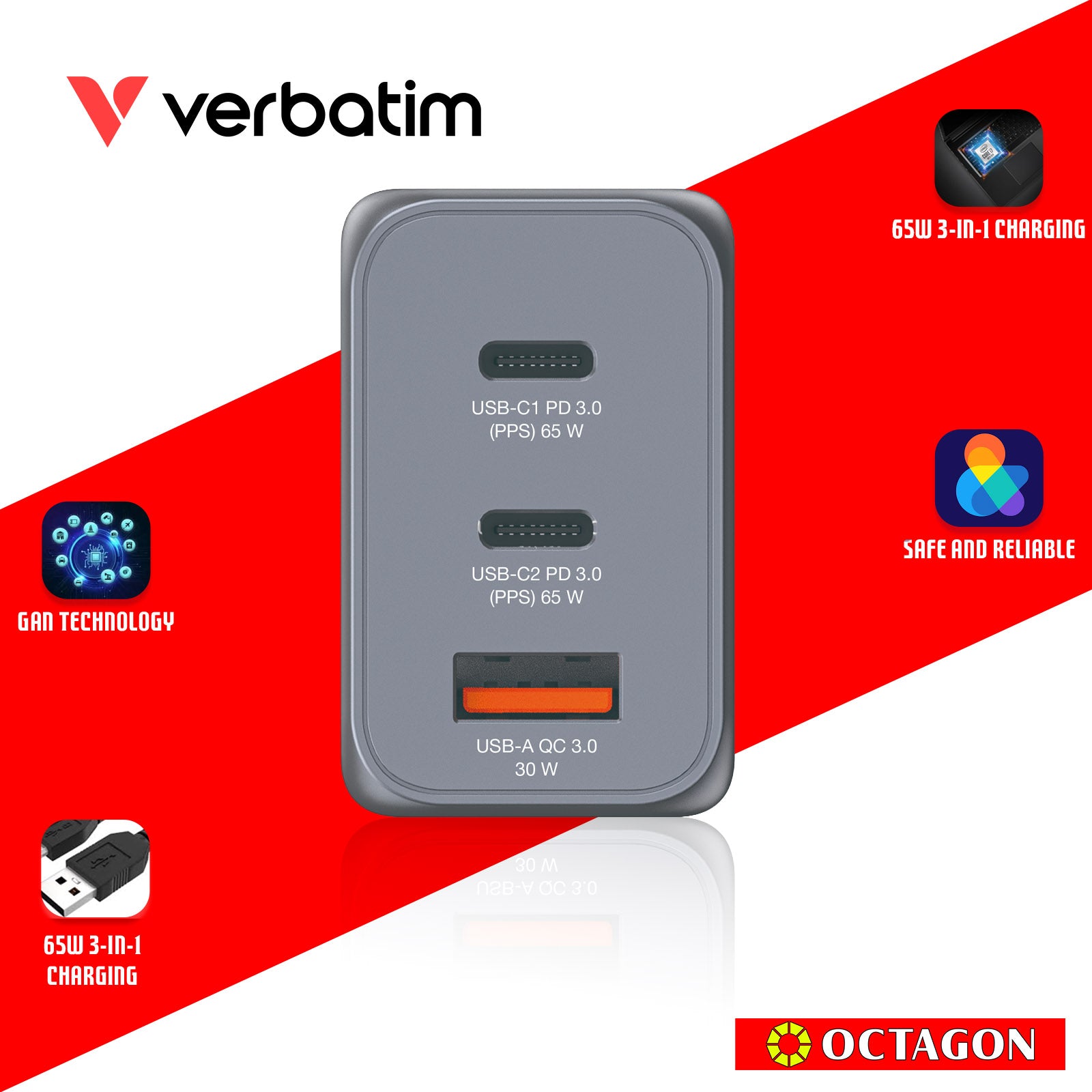 VERBATIM 32201 GNC-65 GAN CHARGER 3 PORT 65W USB A/C (EU/UK/US)