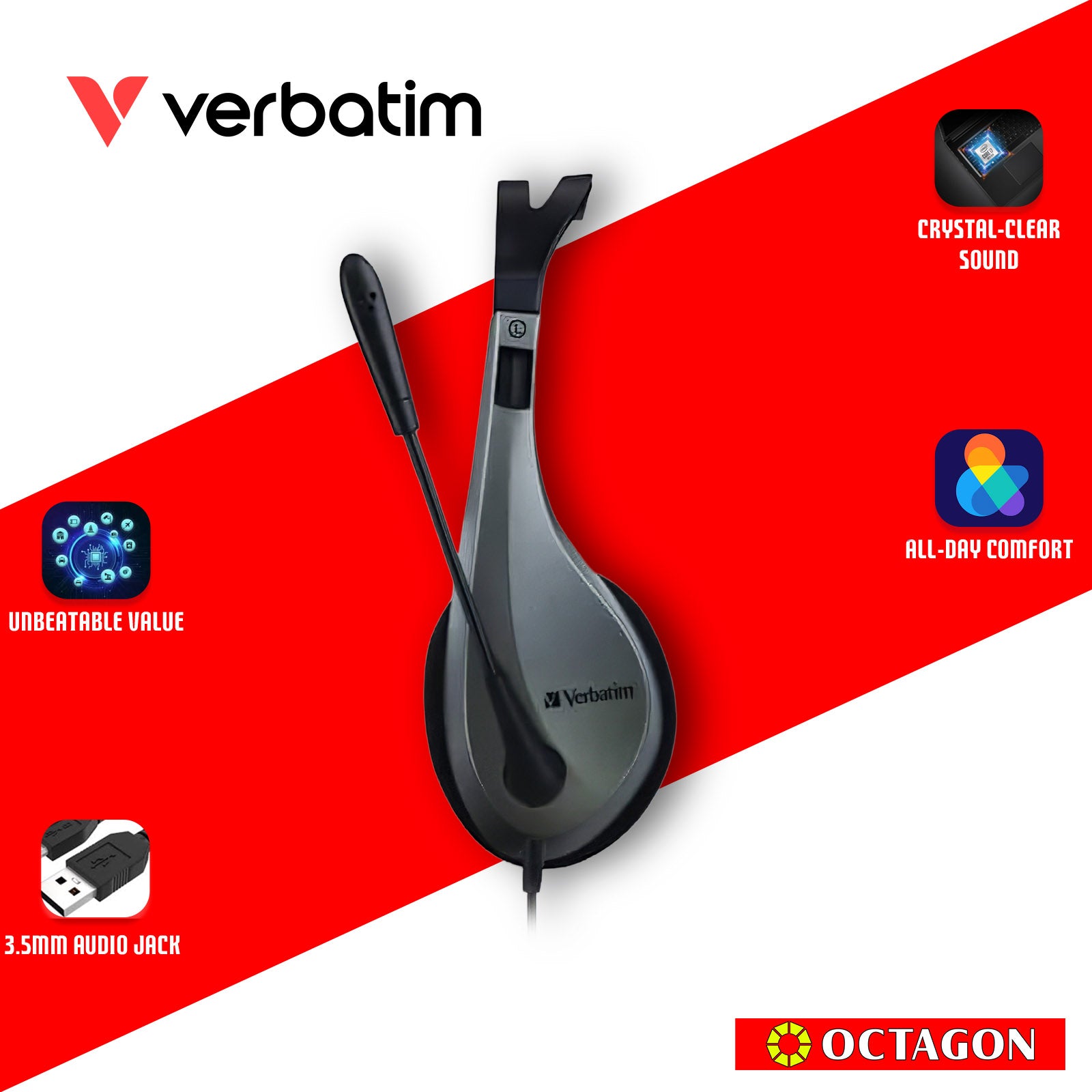 VERBATIM 41646 URBAN HEADGEAR MULTIMEDIA 4 PIN JACK HEADSET WITH MIC & VOLUME CONTROL BLACK