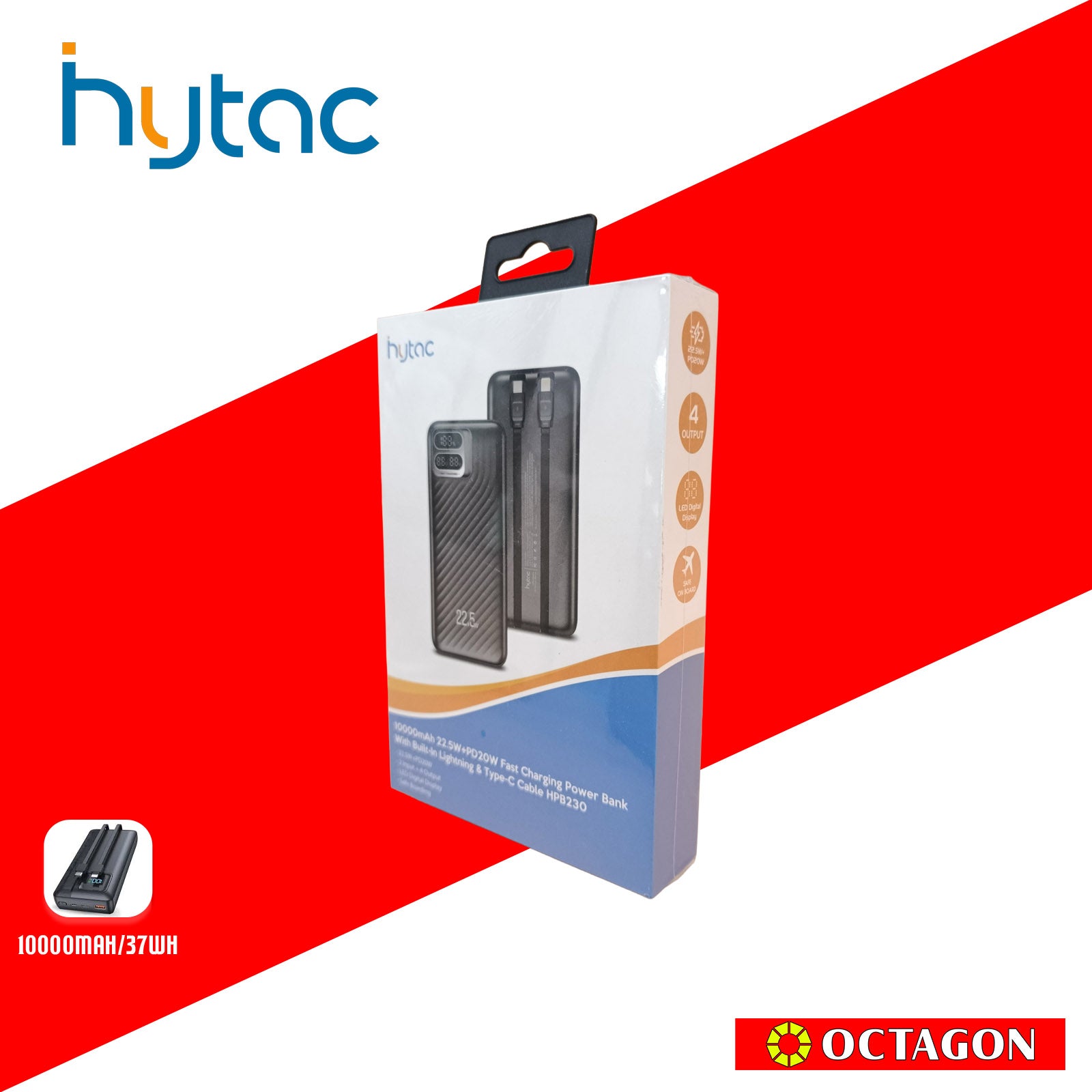 HYTAC HPB230 BLACK 10000 MAH FAST CHARGING POWER BANK WITH LIGHTNING & PD 22.5W TYPE C CABLE