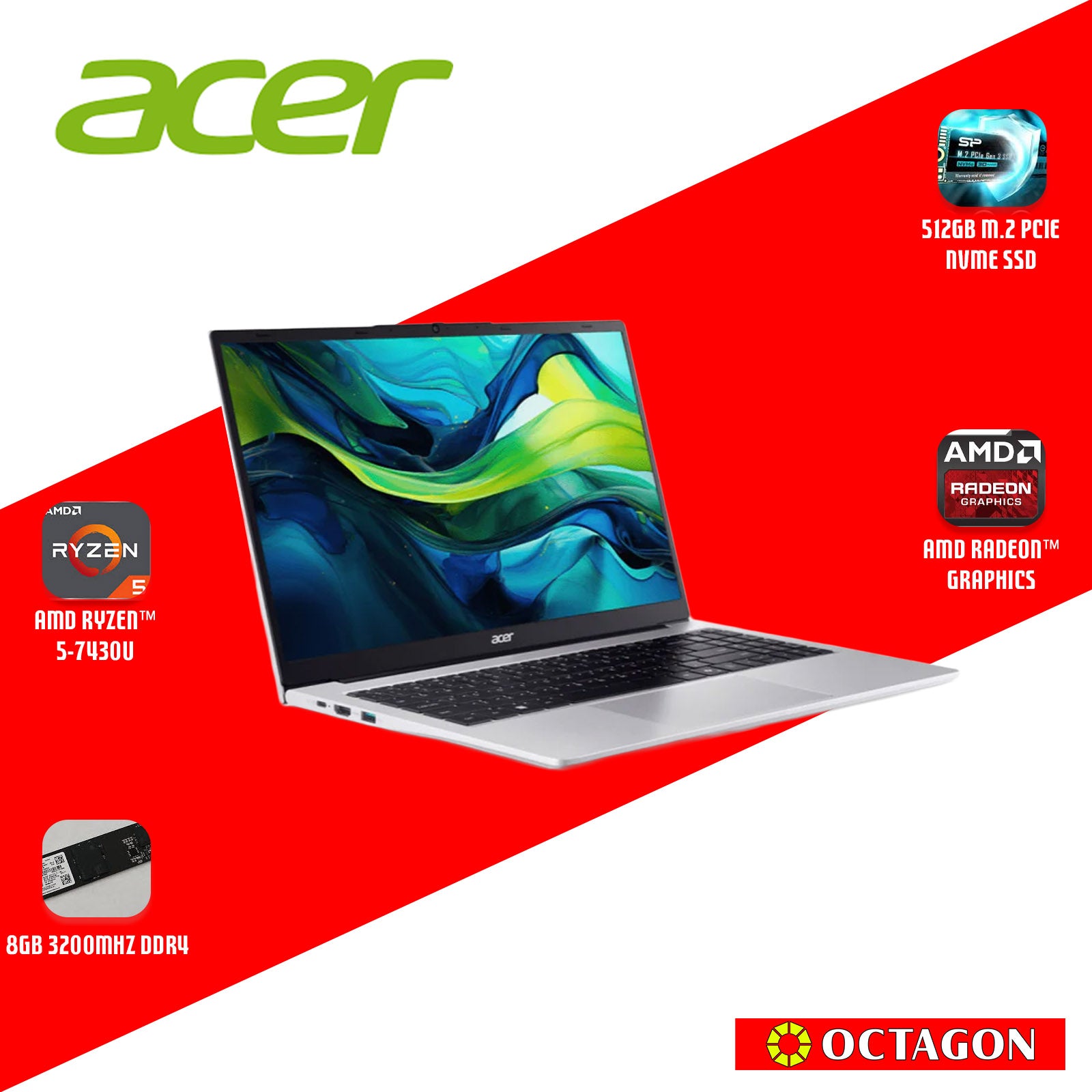 ACER ASPIRE LITE AL15-42P-R4X3/ RYZEN 5 7430U/ 8GB/ 512GB SSD/ 15.6" IPS FHD/ WIN 11/ OFFICE HOME 2024 + OFFICE 365 1YR/ SILVER