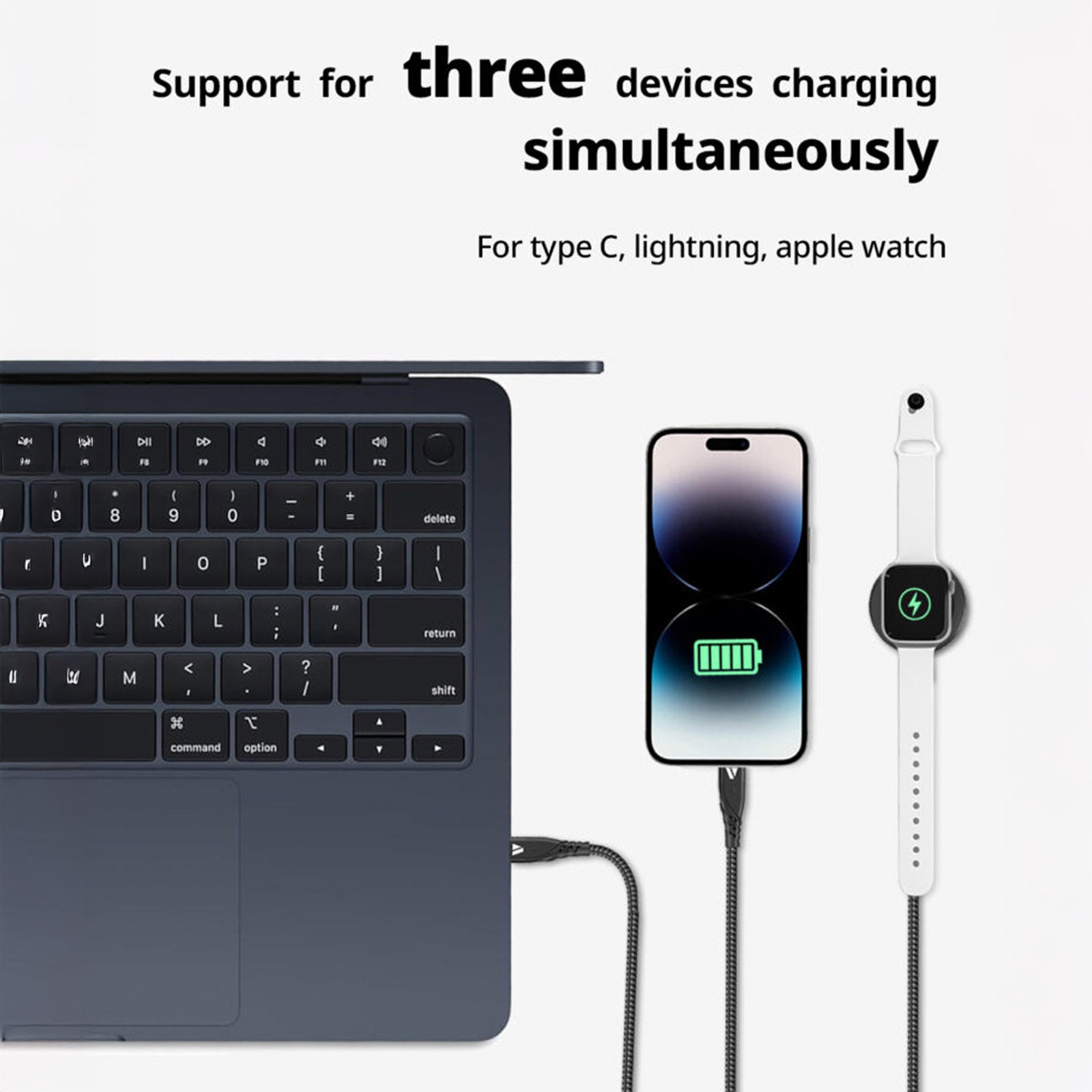 SUPERV CC51 (5 IN 1) CABLE 120CM (OUTPUT USBC PD100W / LIGHTNING PD20W / IWATCH WIRELESS OUTPUT 2.5W / INPUT WSB/USBC 2IN1) BLACK