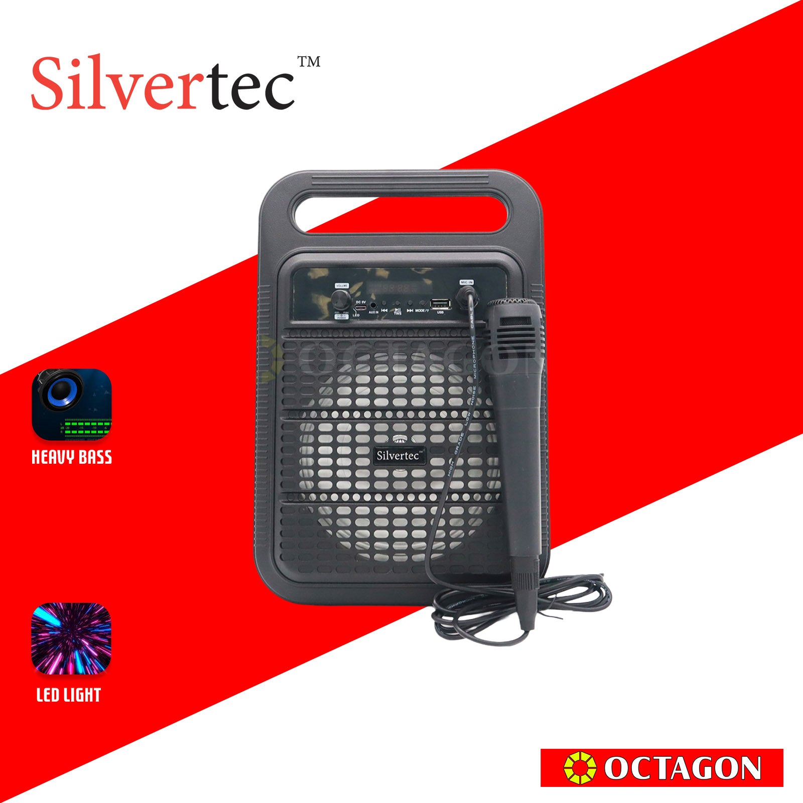 SILVERTEC SPBT-10601 USB/TF/AUX/FM/15W PORTABLE LED KARAOKE BT SPEAKER W/ HANDLE & WIRED MICROPHONE/ LITHIUM 3.7V/2400MAH