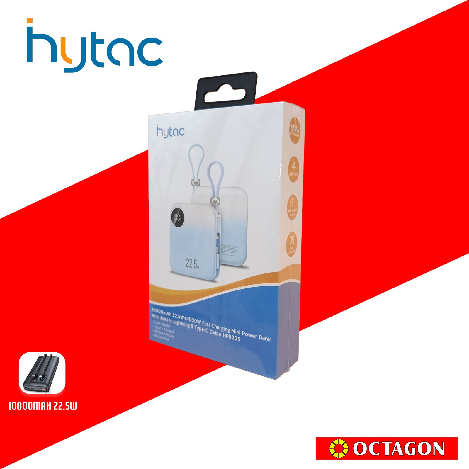 HYTAC HPB235 BLUE PD 22.5W MINI POWER BANK 10000MAH W/ LIGHTNING & TYPE C CABLE