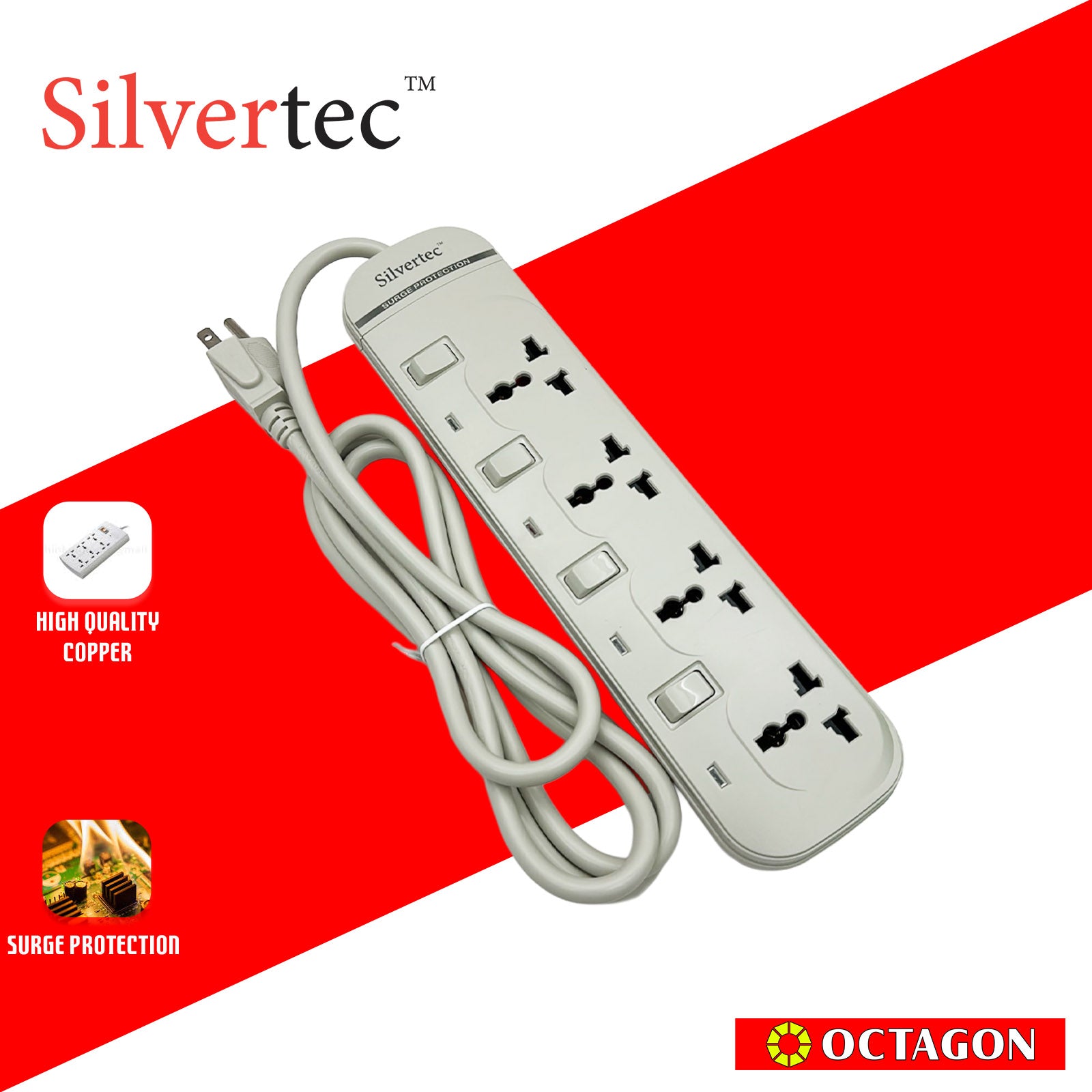 SILVERTEC NEW SV38-1.8M 4-OUTLET UNIVERSAL PLUG/ 4-SWITCH/ 1.8M/ 10A/ 2500W/ 250V IVORY POWER STRIP W/ SURGE PROTECTION