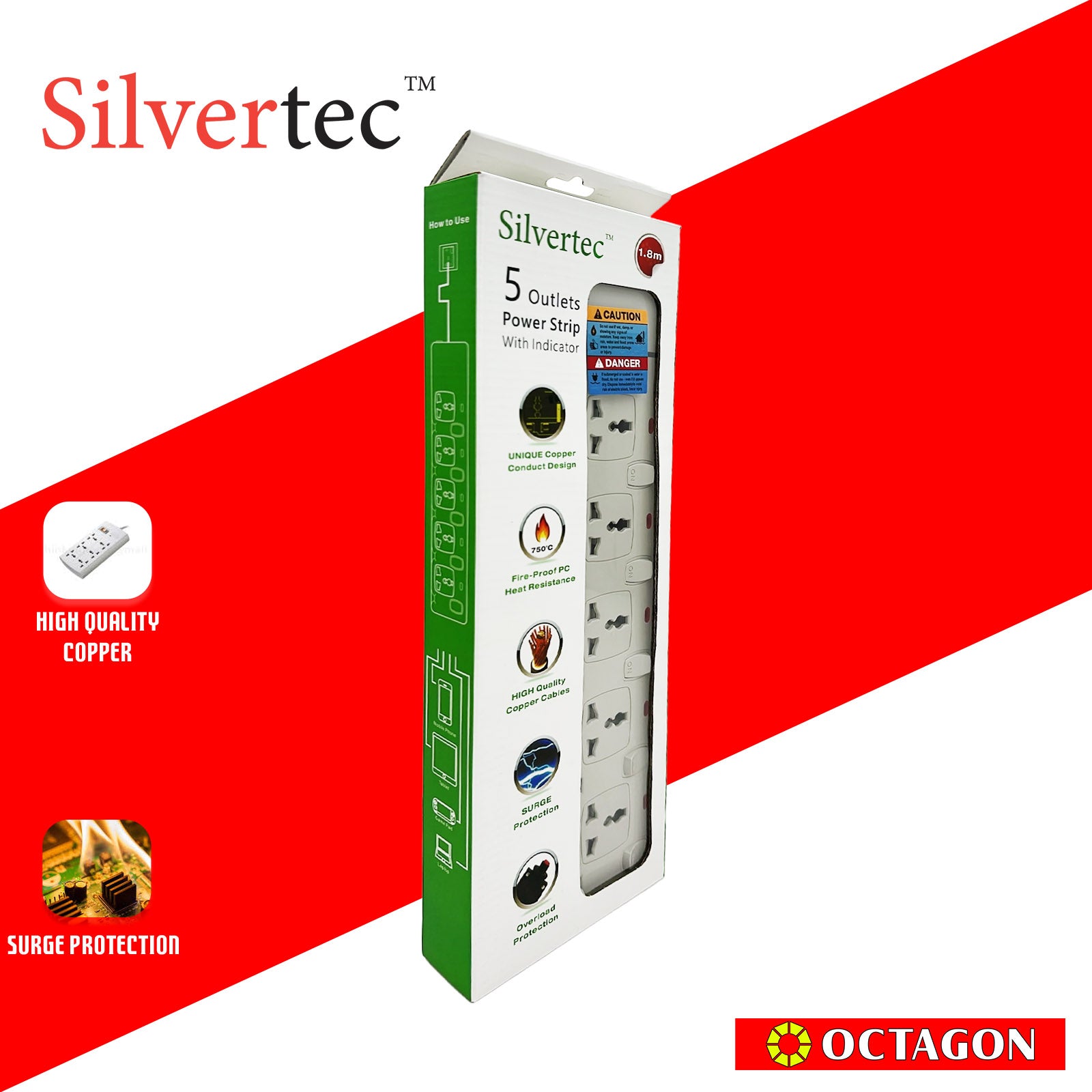 SILVERTEC NEW SV29-1.8M 5-OUTLET UNIVERSAL PLUG/ 5-SWITCH/ 1.8M/ 10A/ 2500W/ 250V IVORY POWER STRIP W/ SURGE PROTECTION