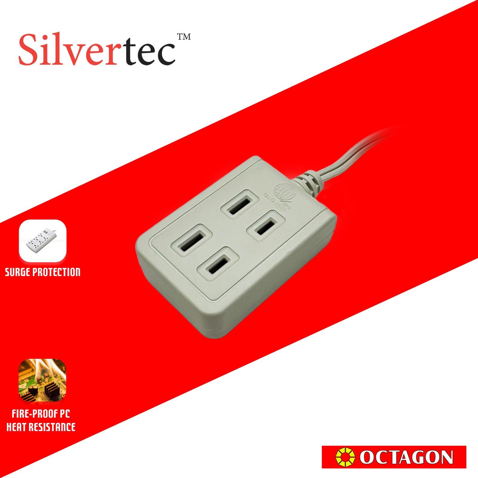 SILVERTEC SV08(3M) 3-OUTLET US 2PIN POWER STRIP/ 6A/ 1500W/ 250V