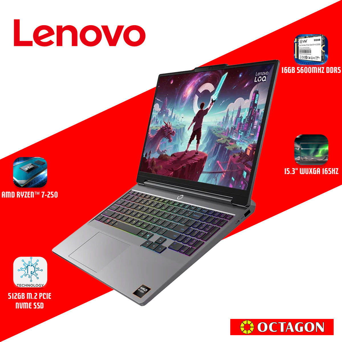 LENOVO LOQ-15 (83TN0016PH)/ RYZEN 7 250/ 16GB/ 512GB SSD/ 15.3 WUXGA (165HZ)/ WIN 11/ OFFICE HOME 2024/ RTX 5050 8GB