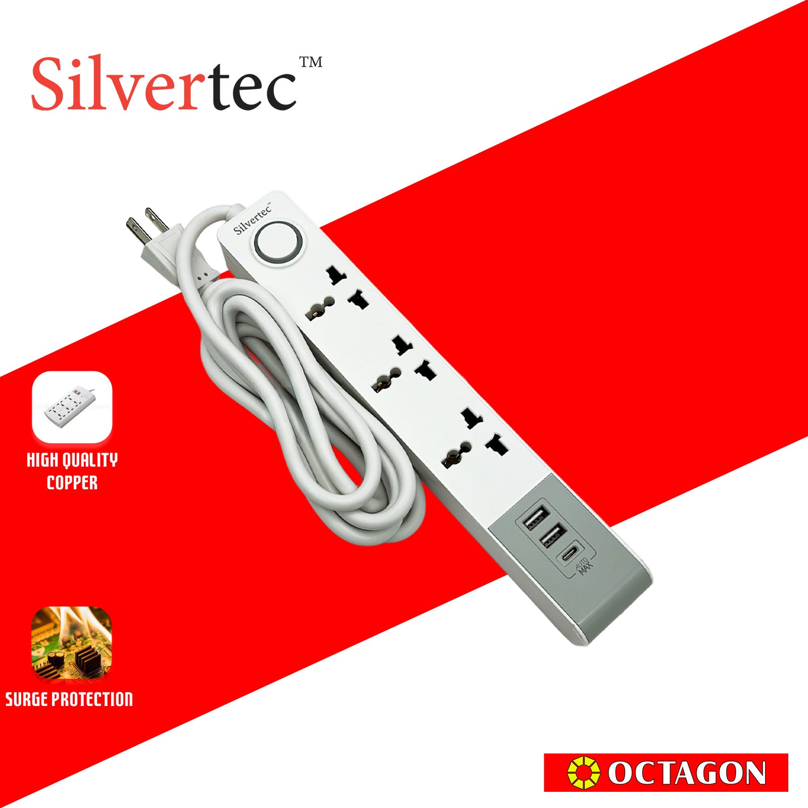 SILVERTEC SV68(2M) 3-OUTLET UNIVERSAL PLUG/ 2 USB Port/ 1 TYPE C PD20 W/ 10A/ 2500W/ 250V/ POWER STRIP SURGE PROTECTOR