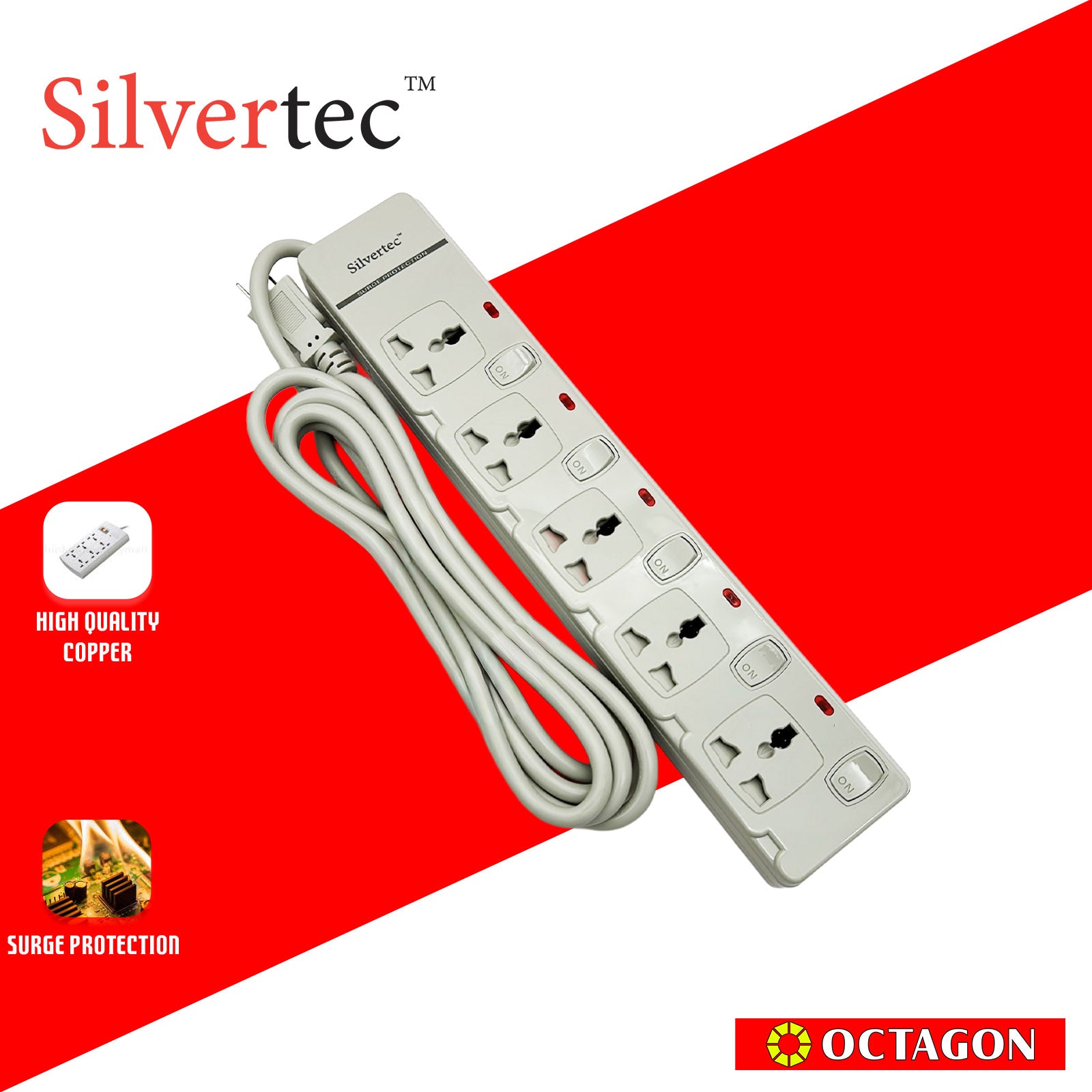 SILVERTEC NEW SV29-3M  5-OUTLET UNIVERSAL PLUG/ 5-SWITCH/ 3M/ 10A/ 2500W/ 250V IVORY POWER STRIP W/ SURGE PROTECTION