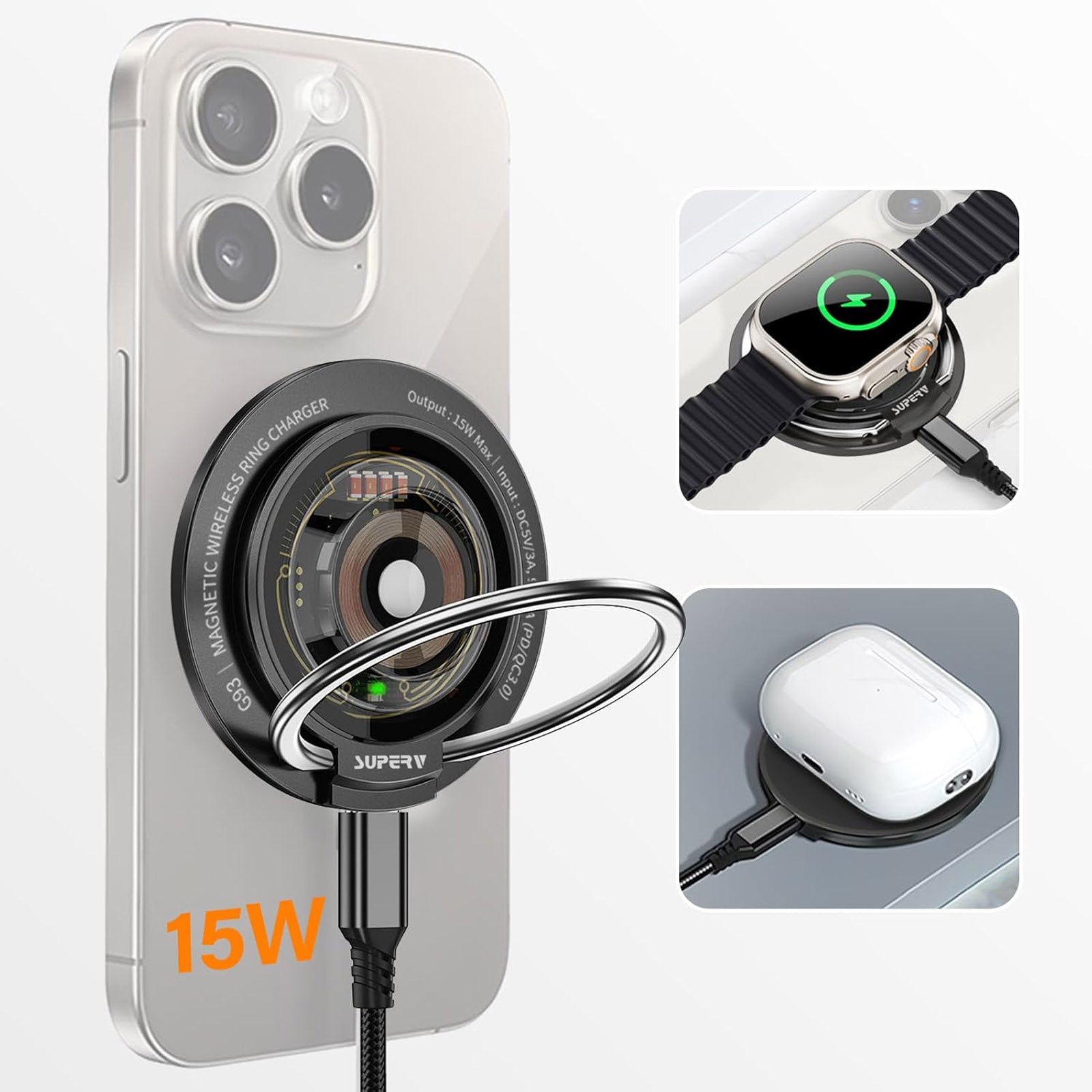 SUPERV G93 15W DOUBLE-SIDED WIRELESS MAGNETIC CHARGING RING (OUTPUT 15W WIRELESS CHARGING/ OUTPUT IWATCH CHARGER 2.5W)