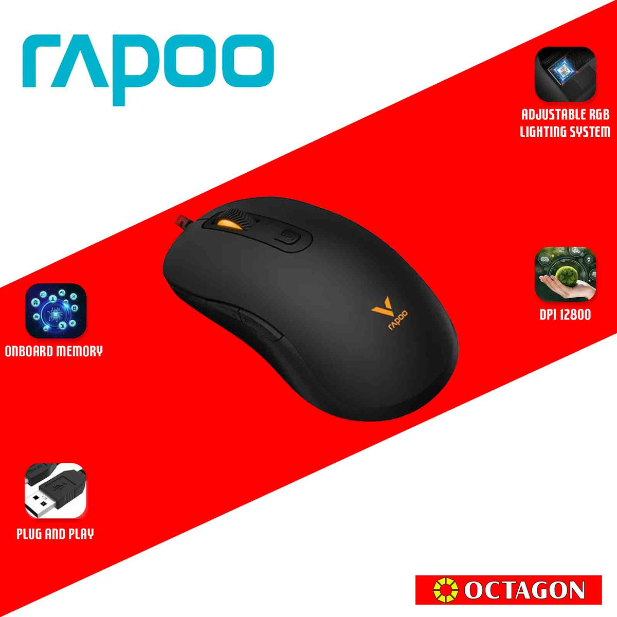 RAPOO V16 BLACK WIRED RGB OPTICAL GAMING MOUSE