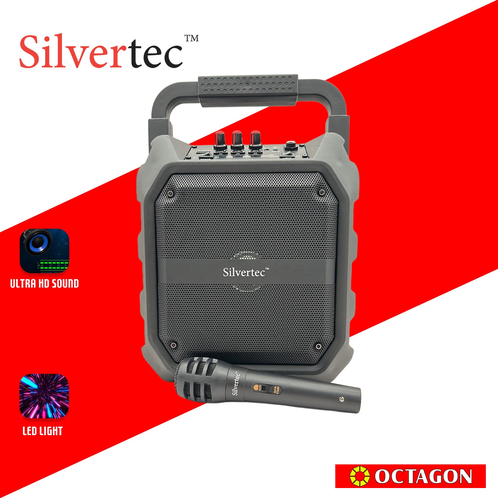 SILVERTEC SPBT-10148 USB/TF/AUX/FM/20W PORTABLE RGB KARAOKE BT SPEAKER W/ HANDLE & WIRED MICROPHONE & STRAP 7.4V/1800MAH