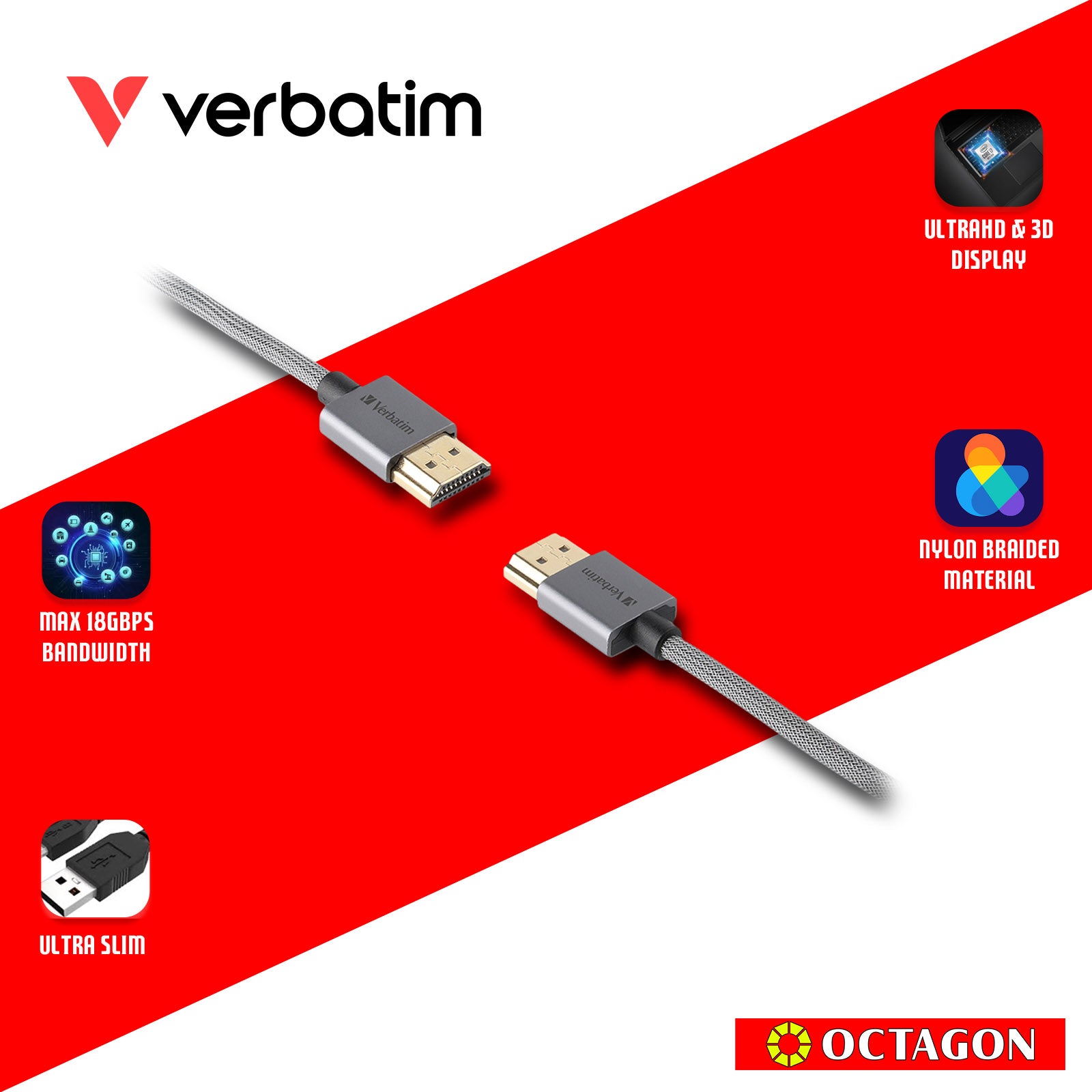 VERBATIM 65671 ULTRA SLIM 4K / 60HZ HDMI 2.0 CABLE WITH ETHERNET 180CM (GREY)