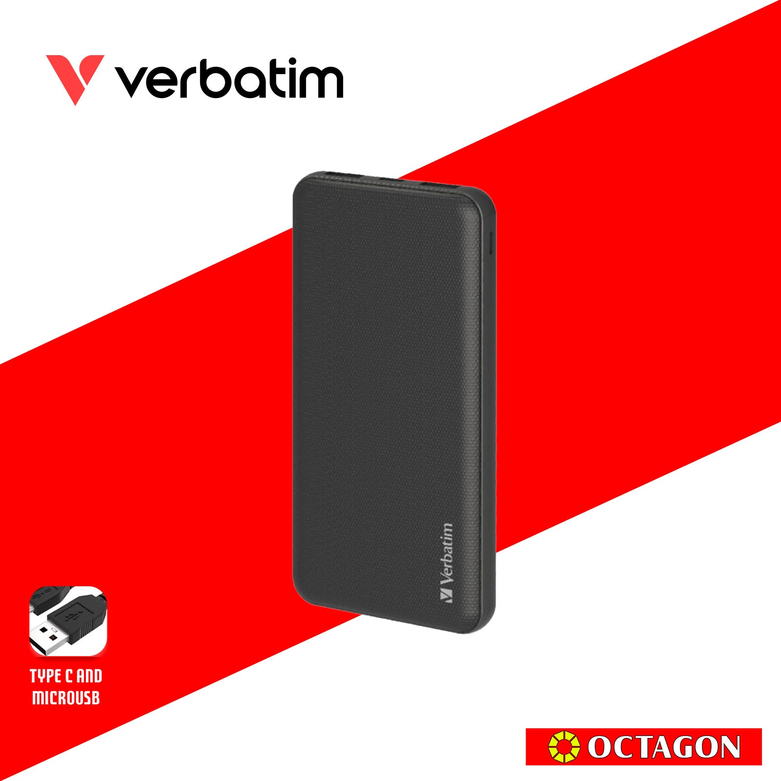 VERBATIM 66547 GRID PATTERN POWER BANK DUAL 10000 MAH INPUT/OUTPUT (TYPE-C AND MICRO USB POWER INPUT) BLACK