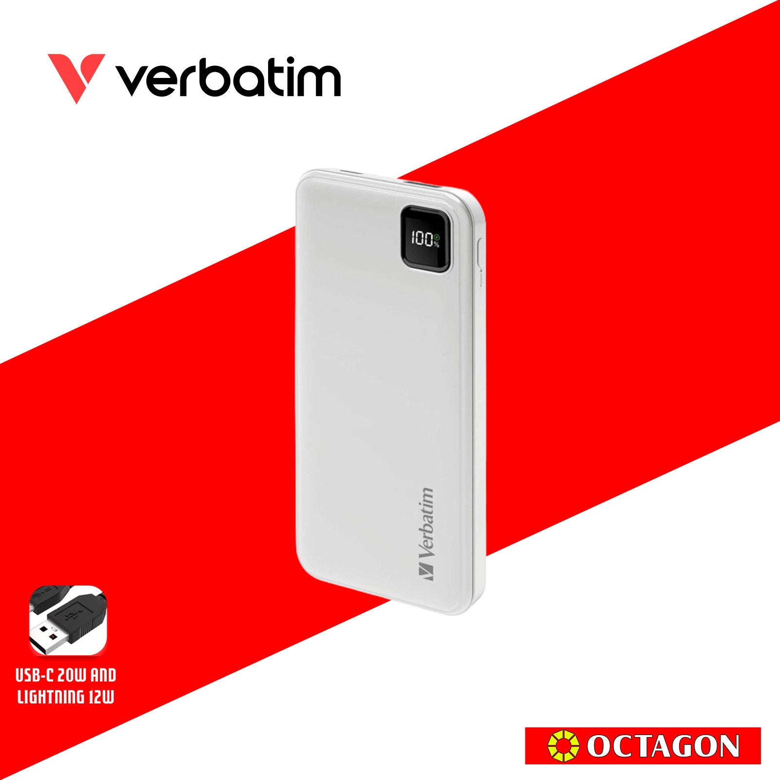 VERBATIM 67001 WHITE CHARGENGO 10K MAH 22.5W POWERBANK W/ BUILT-IN LIGHTNING & TYPE-C CABLE + DIGITAL DISPLAY PD20W / QC3.0 18W / SUPERCHARGE 22.5W