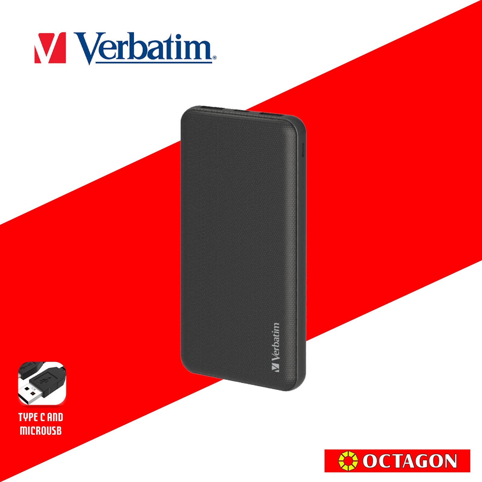 VERBATIM 66547 GRID PATTERN POWER BANK DUAL 10000 MAH INPUT/OUTPUT (TYPE-C AND MICRO USB POWER INPUT) BLACK