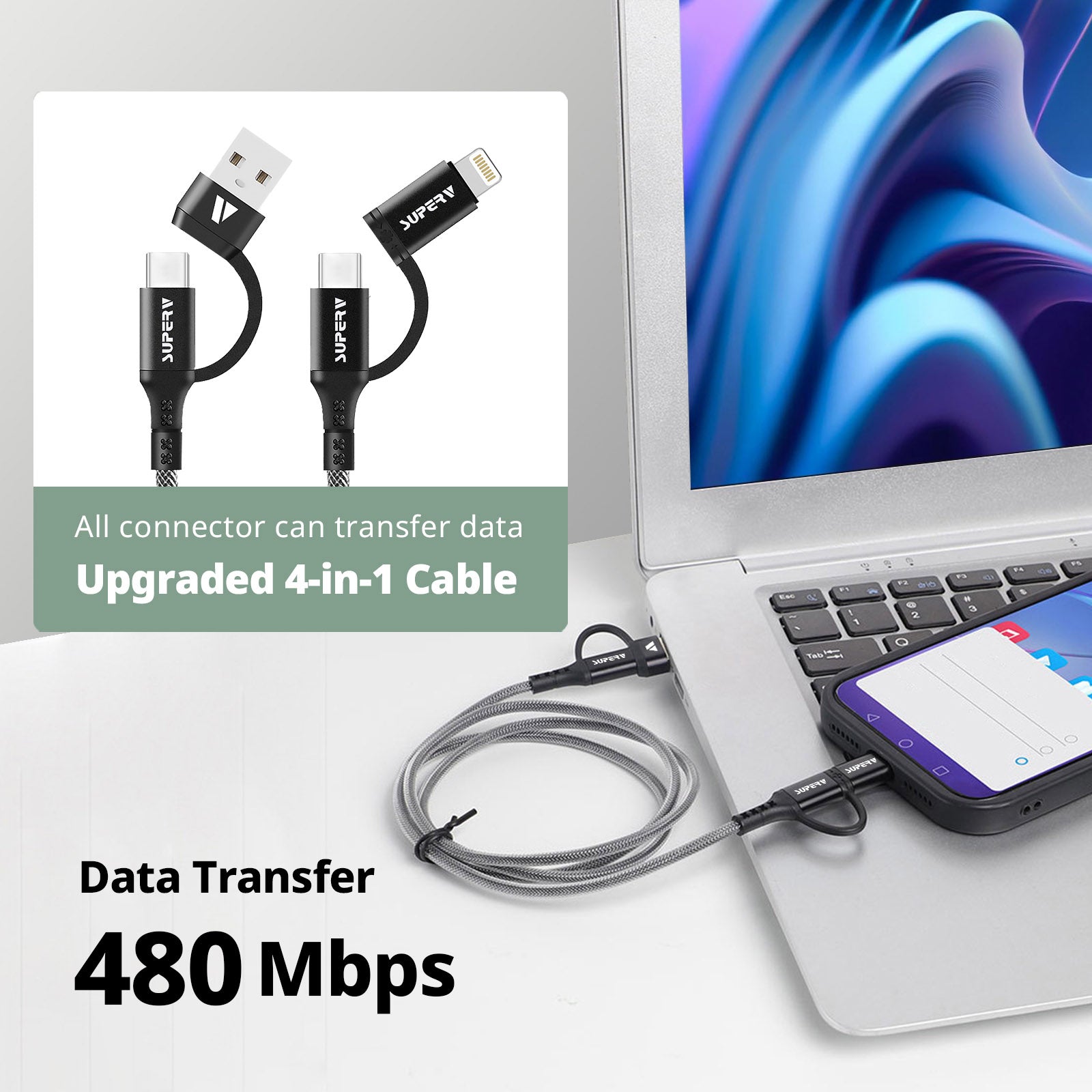 SUPERV CC41-100 Charging Cable 60W 4in1 PD60W USB-A/Type-C Multiport