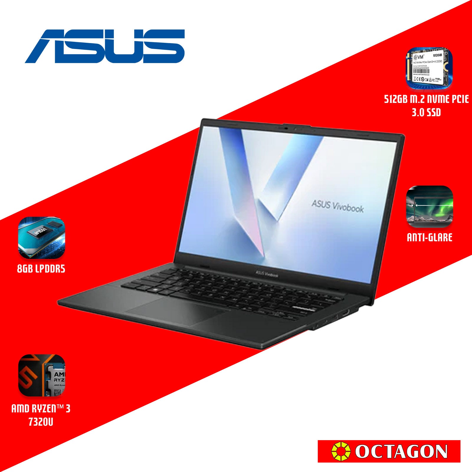 ASUS VIVOBOOK GO 14 E1404FA-EB821W/ RYZEN 3 7320U/ 8GB/ 512GB SSD/ 14" FHD/ WIN 11/ BLACK