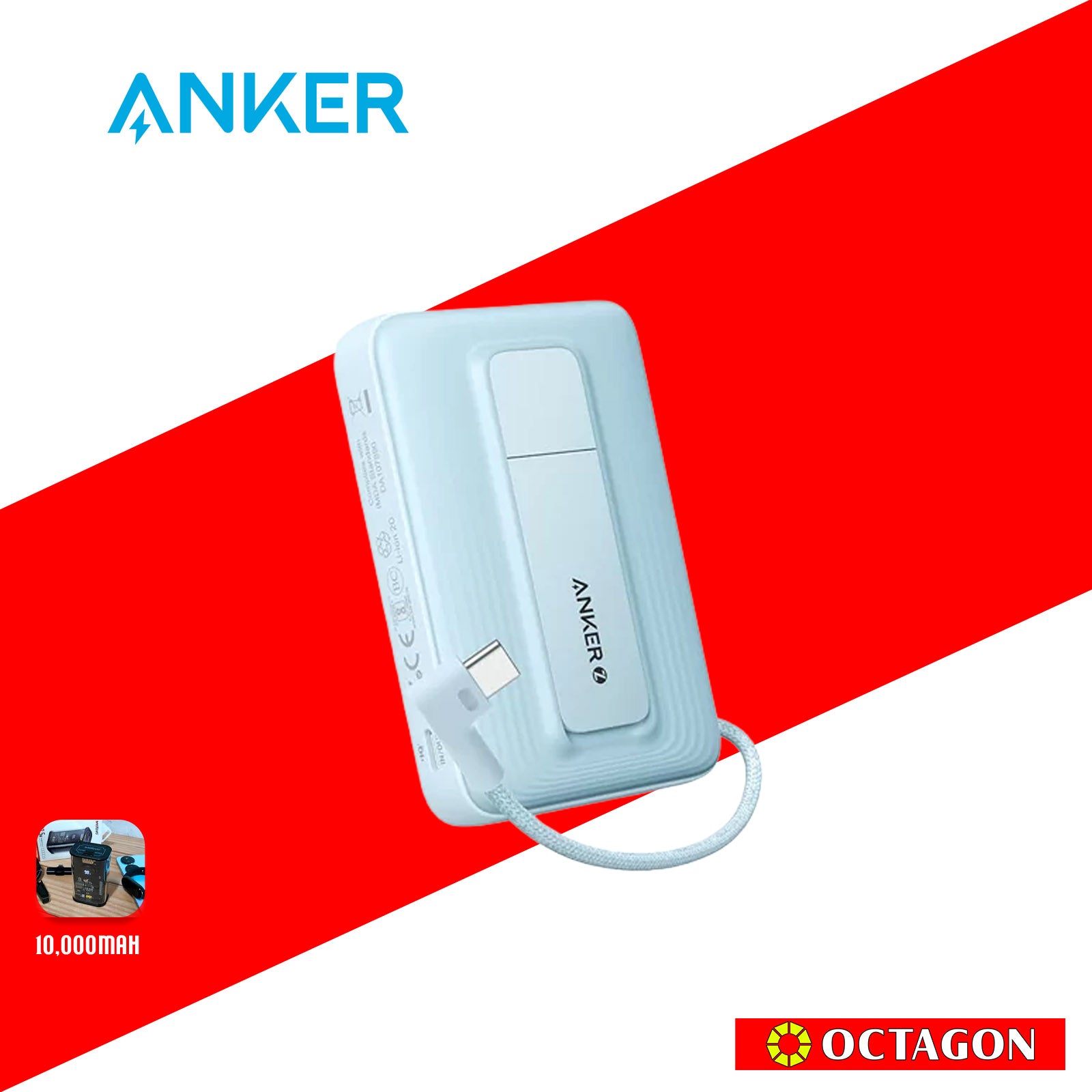 ANKER ZOLO A1685H31 BLUE 10K POWERBANK 30W BUILT-IN USB-C CABLE