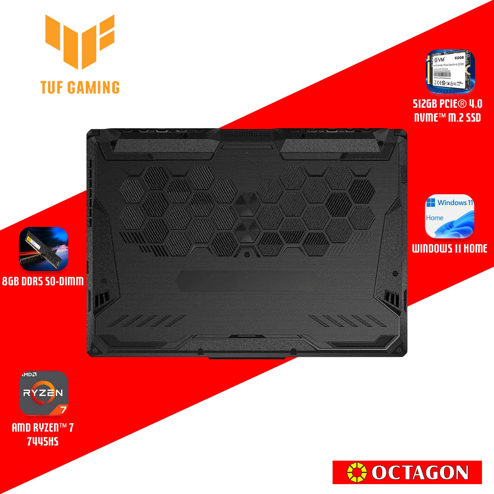 ASUS TUF FA506NCG-HN187WSM/ RYZEN 7-7445HS/ 8GB/ 512GB SSD/ 15.6 FHD 144HZ/ WIN 11/ RTX3050 4GB/ OFFICE H&S + OFFICE 365/ BLK