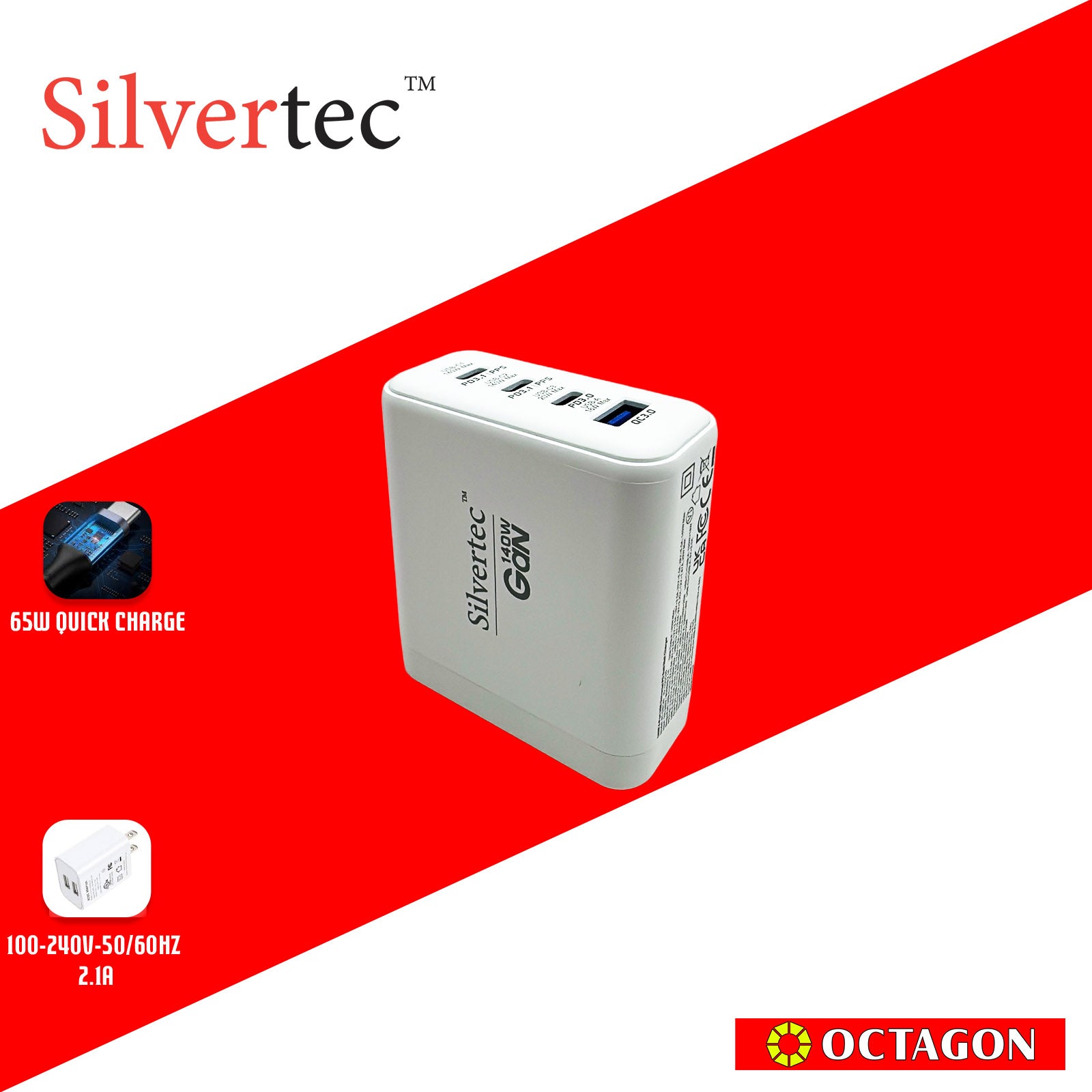 SILVERTEC ST-GW140-WH 140W 4-PORT USB UNIVERSAL PD GAN WALL CHARGER WHITE (3 PD / 1 QC)