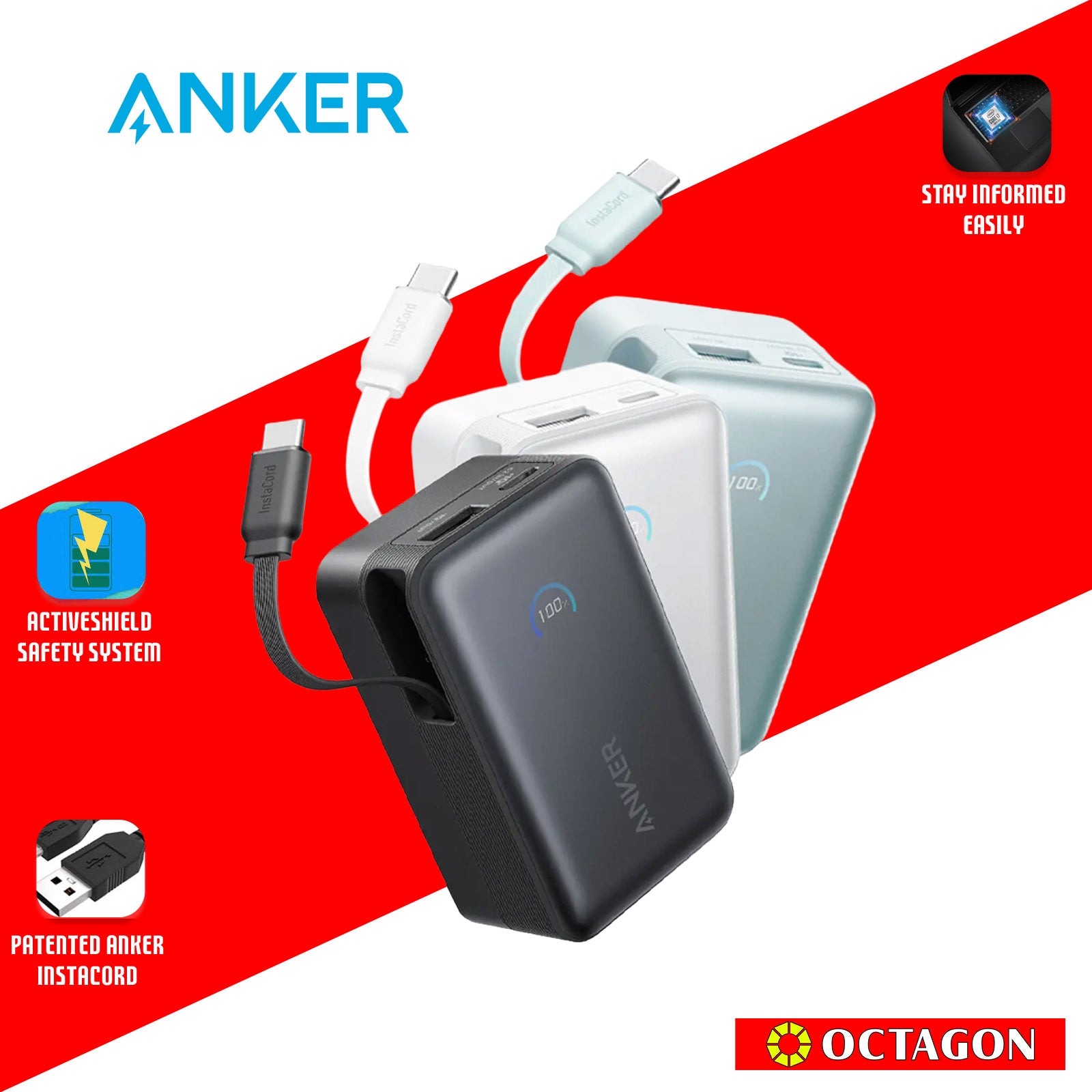 ANKER A1638H11 NANO BLACK POWERBANK 10000MAH 45W BUILT-IN RETRACTABLE USB-C CABLE