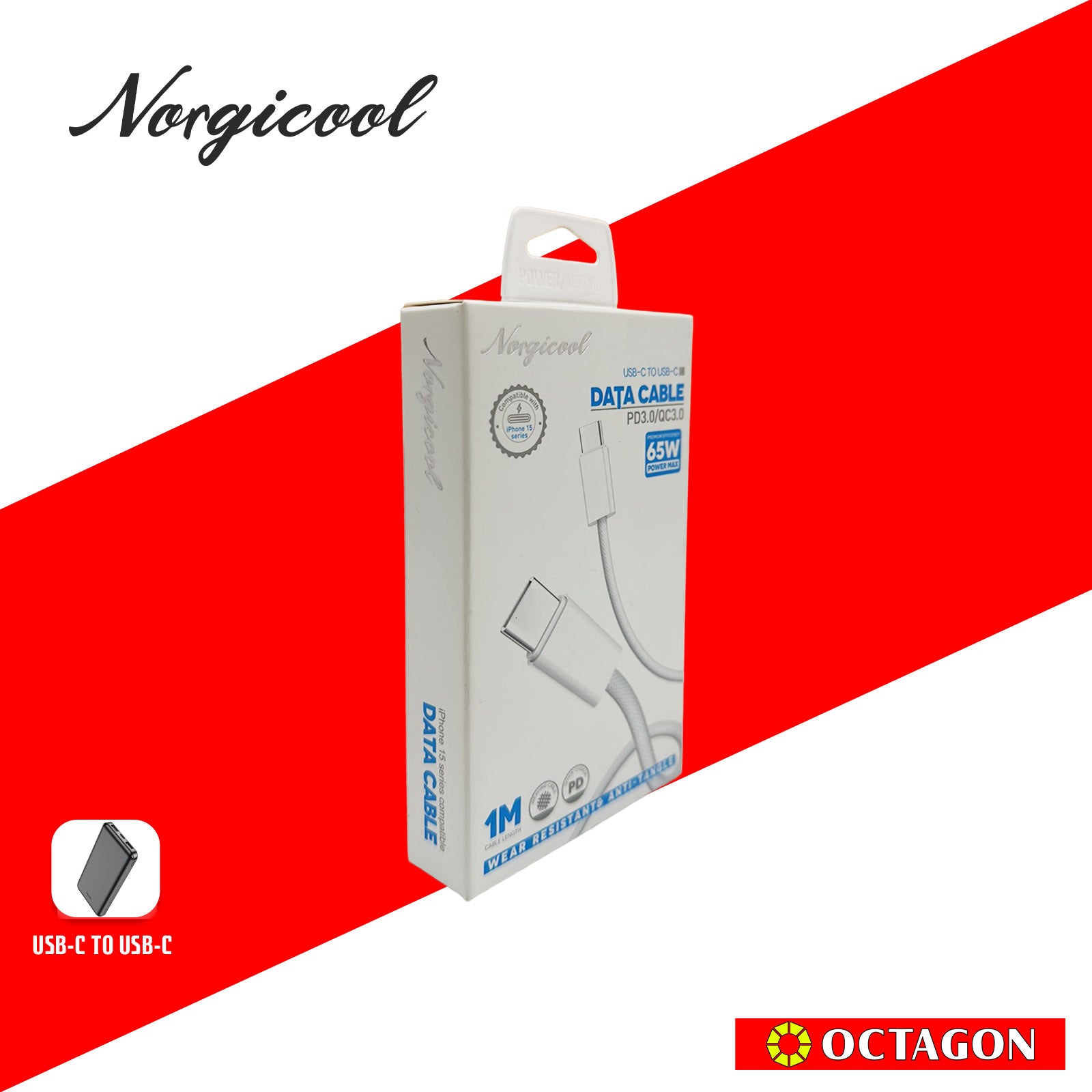 NORGICOOL NLC901 65W PD USB-C/C CABLE 1M C-C15 WEAR RESISTANT & ANTI-TANGLE