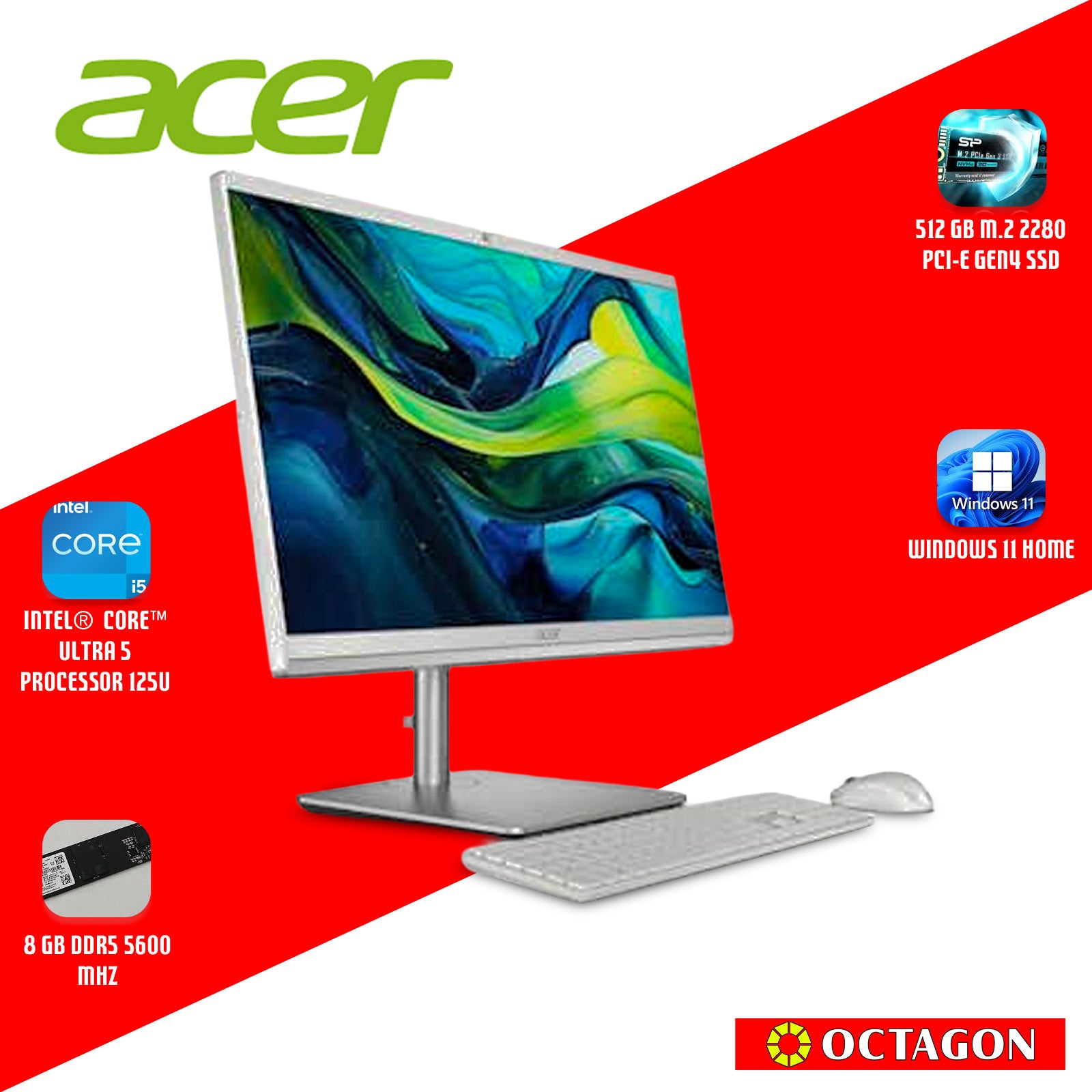 ACER ASPIRE AIO C24-195ES-I5/ ULTRA 5-125U/ 8GB DDR5/ 512GB SSD/ 23.8 FHD/ WIN 11/ OFFICE H&S 2021/ WIRELESS KB & MOUSE