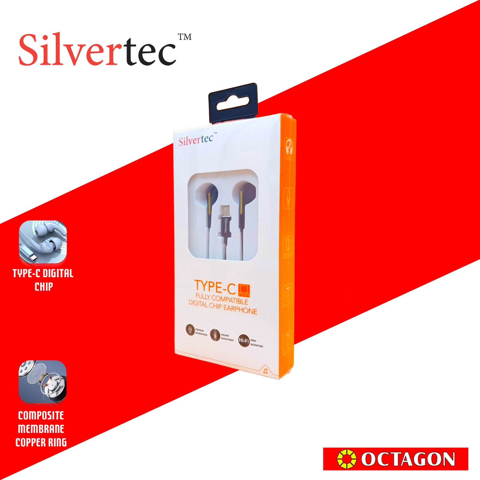 SILVERTEC VIPC-BK/WH TYPE-C EARPHONE DIGITAL CHIP W/ MIC & VOLUME CONTROLLER