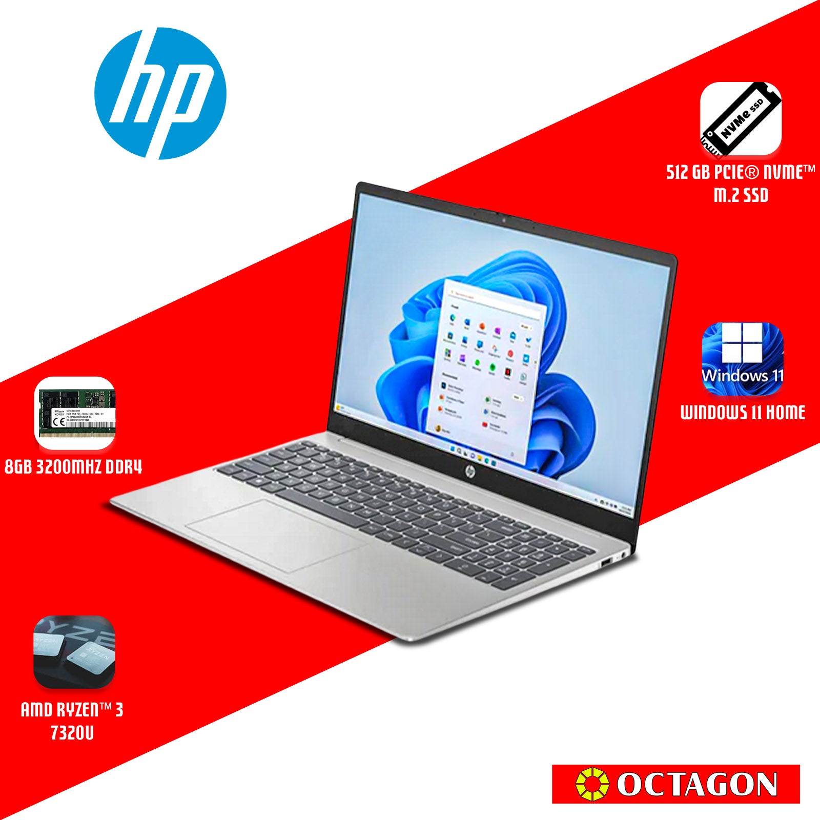 HP 15-FC0756AU/ RYZEN 3-7320U/ 8GB DDR5/ 512GB SSD/ 15.6 FHD/ WIN 11/ OFFICE H&S 2024 + M365