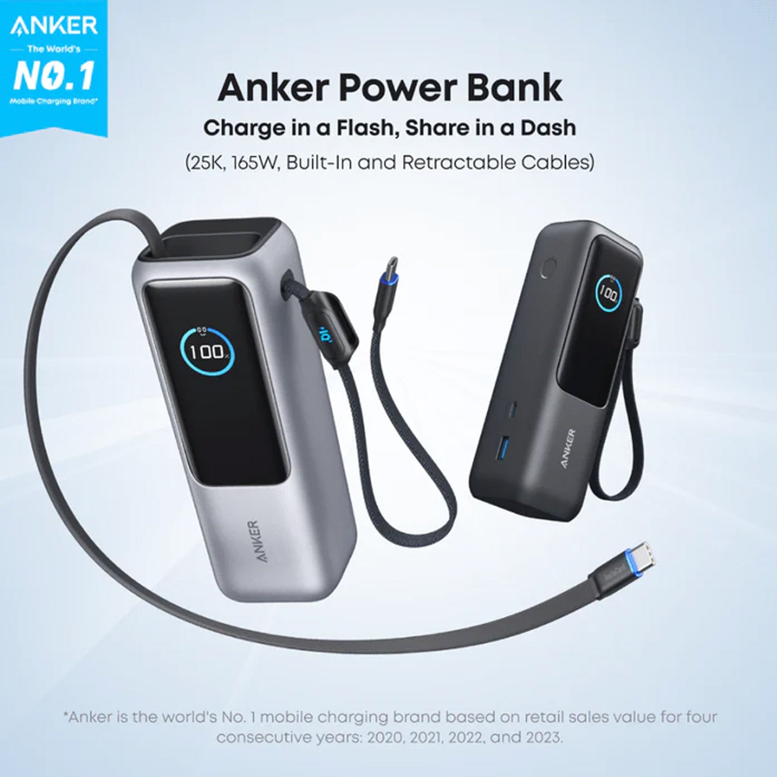 ANKER ZOLO A1695H41 SILVER 25K POWERBANK 165W BUILT-IN USB-C CABLE
